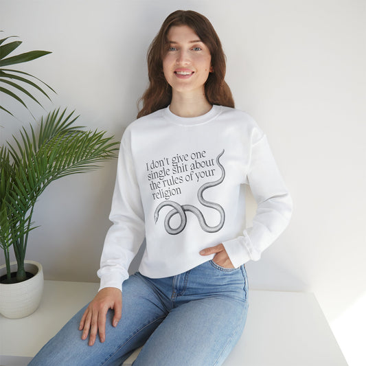 I Don't Give One Single Sh*t About the Rules of Your Religion Unisex Heavy Blend™ Crewneck Sweatshirt Sizes SM-5XL | Plus Size Available