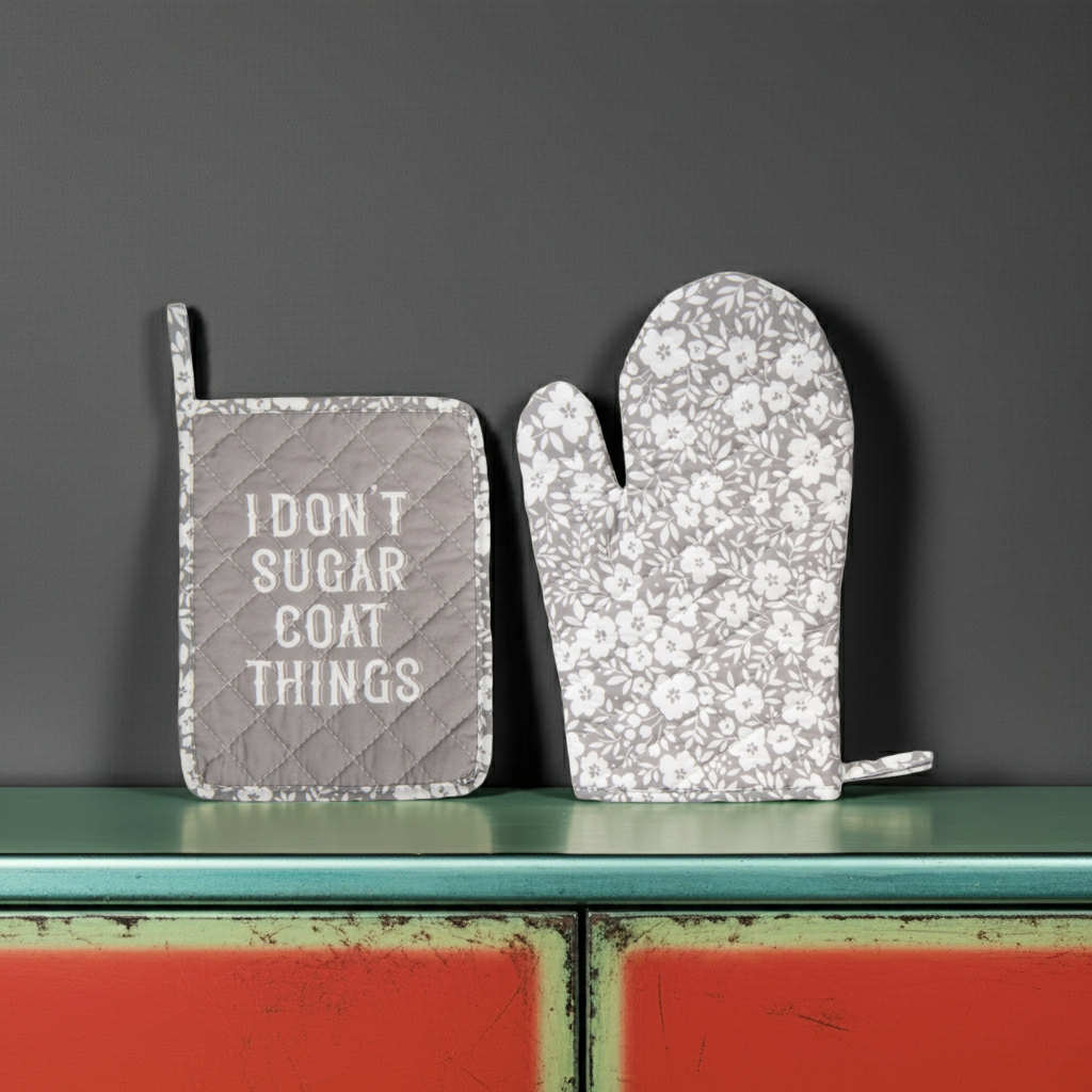 I Don't Sugar Coat Things Pot Holder & Oven Mitt Set | Floral Oven Gloves Potholders for Kitchen