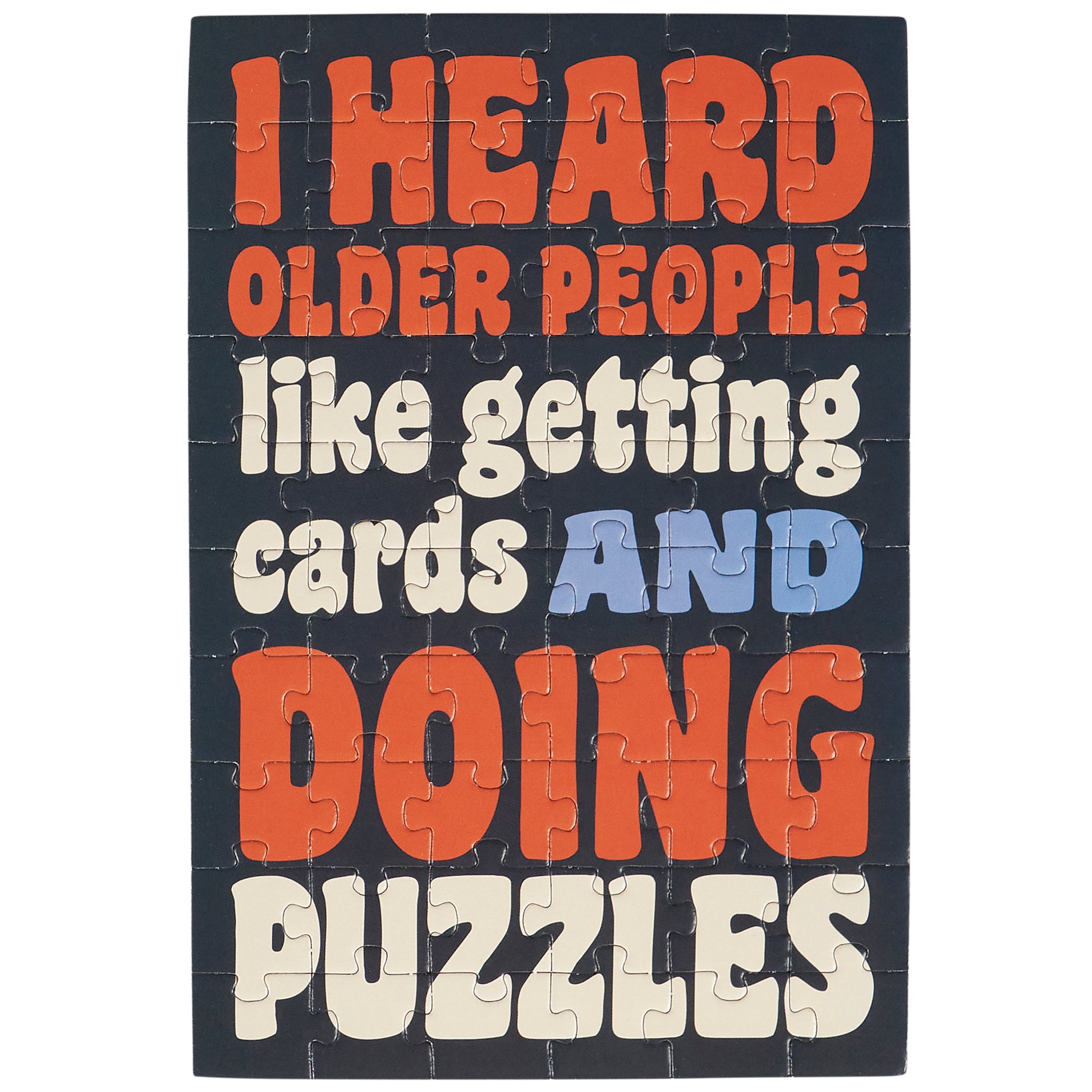 Jigsaw puzzle with colorful text on a black background