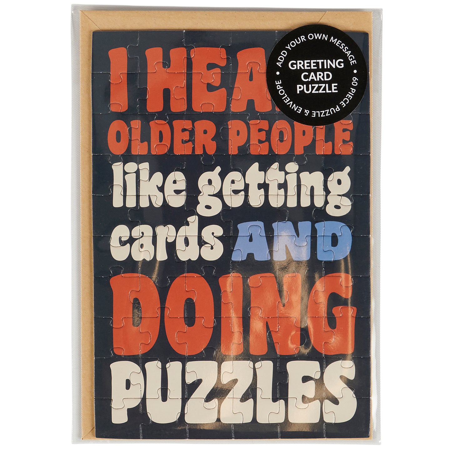Jigsaw puzzle with humorous text design on a white background