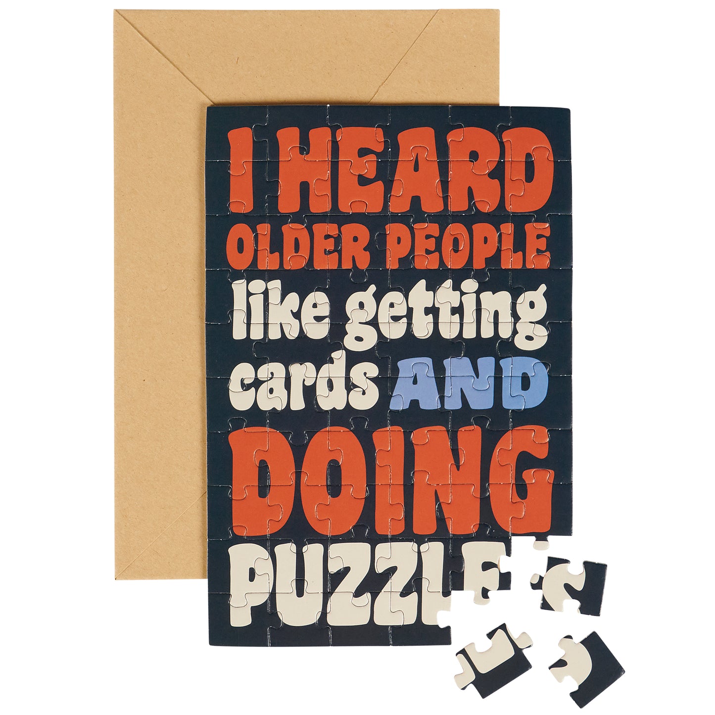 Puzzle card with humorous text and pieces on a white background