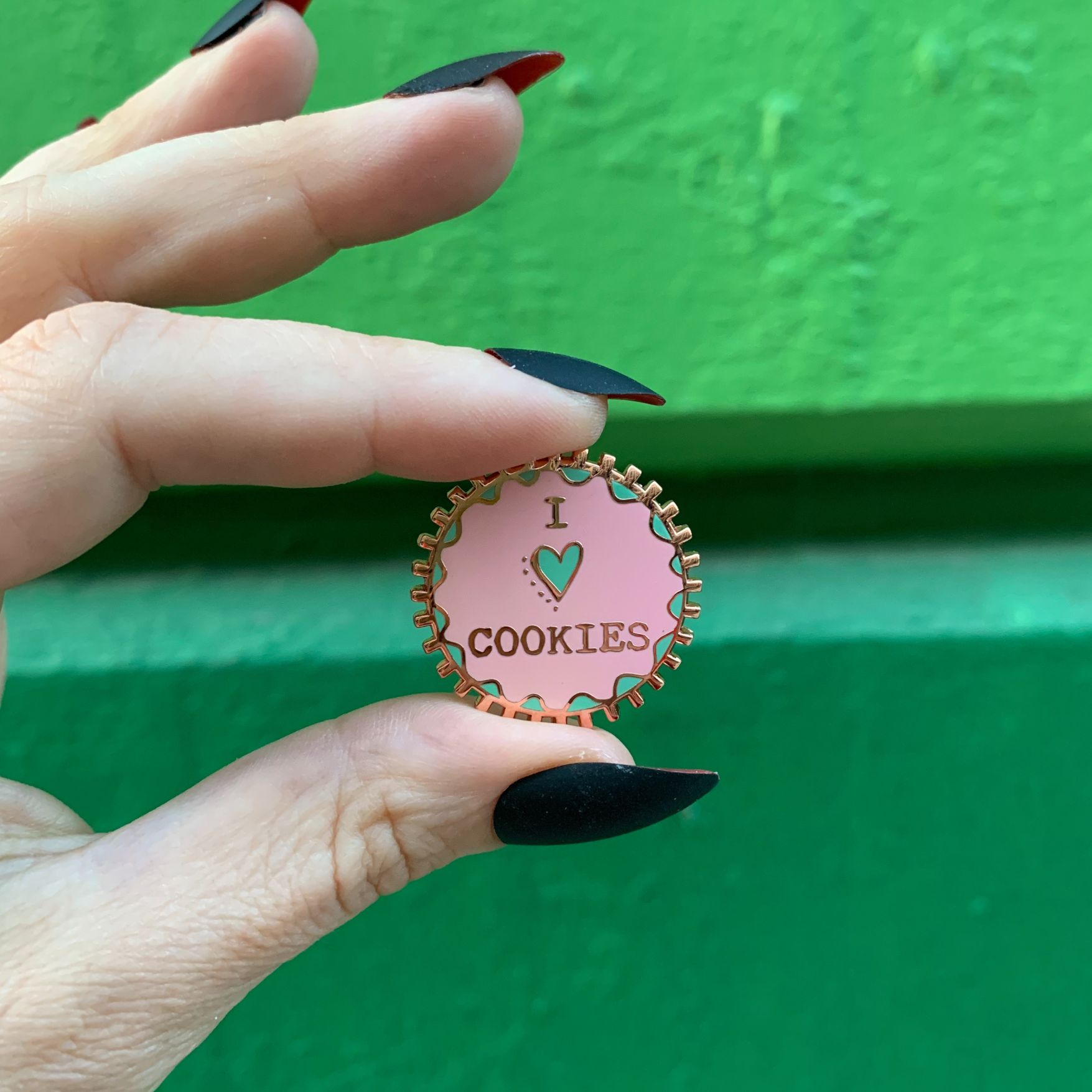 I Heart Cookies Enamel Pin in Pink and Green