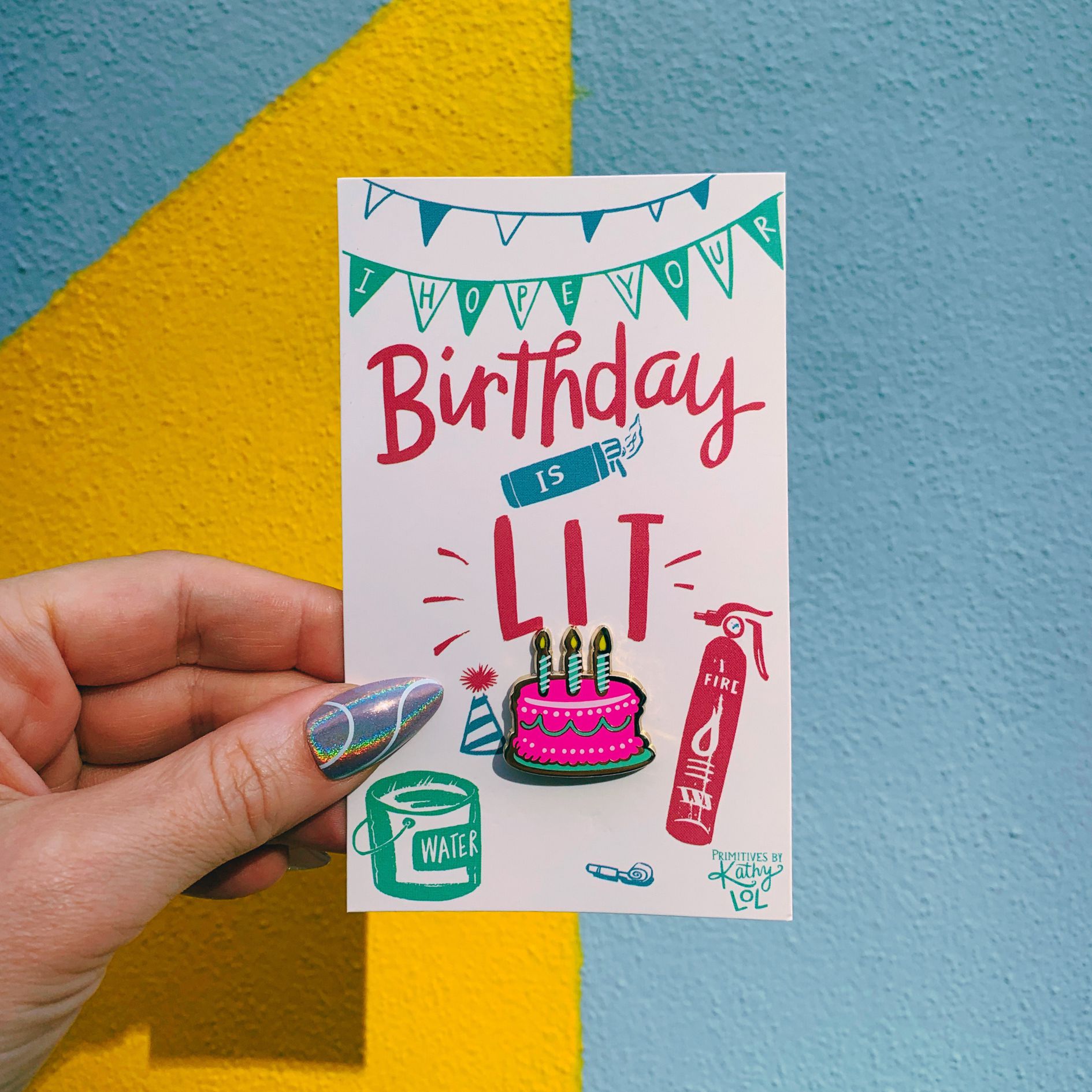 I Hope Your Birthday Is Lit Cake Enamel Pin on Gift Card