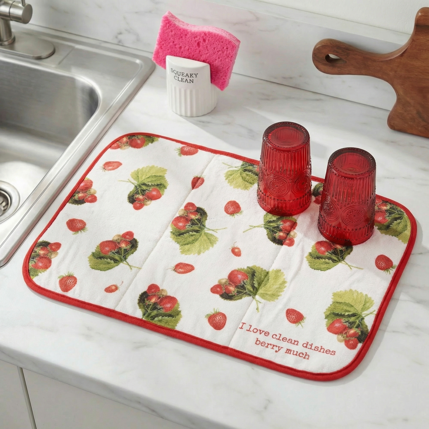 I Love Clean Dishes Berry Much Ultra-absorbent Drying Mat | Vintage Art of Wild Strawberries Dish Drainer Pad | 21" x 14"
