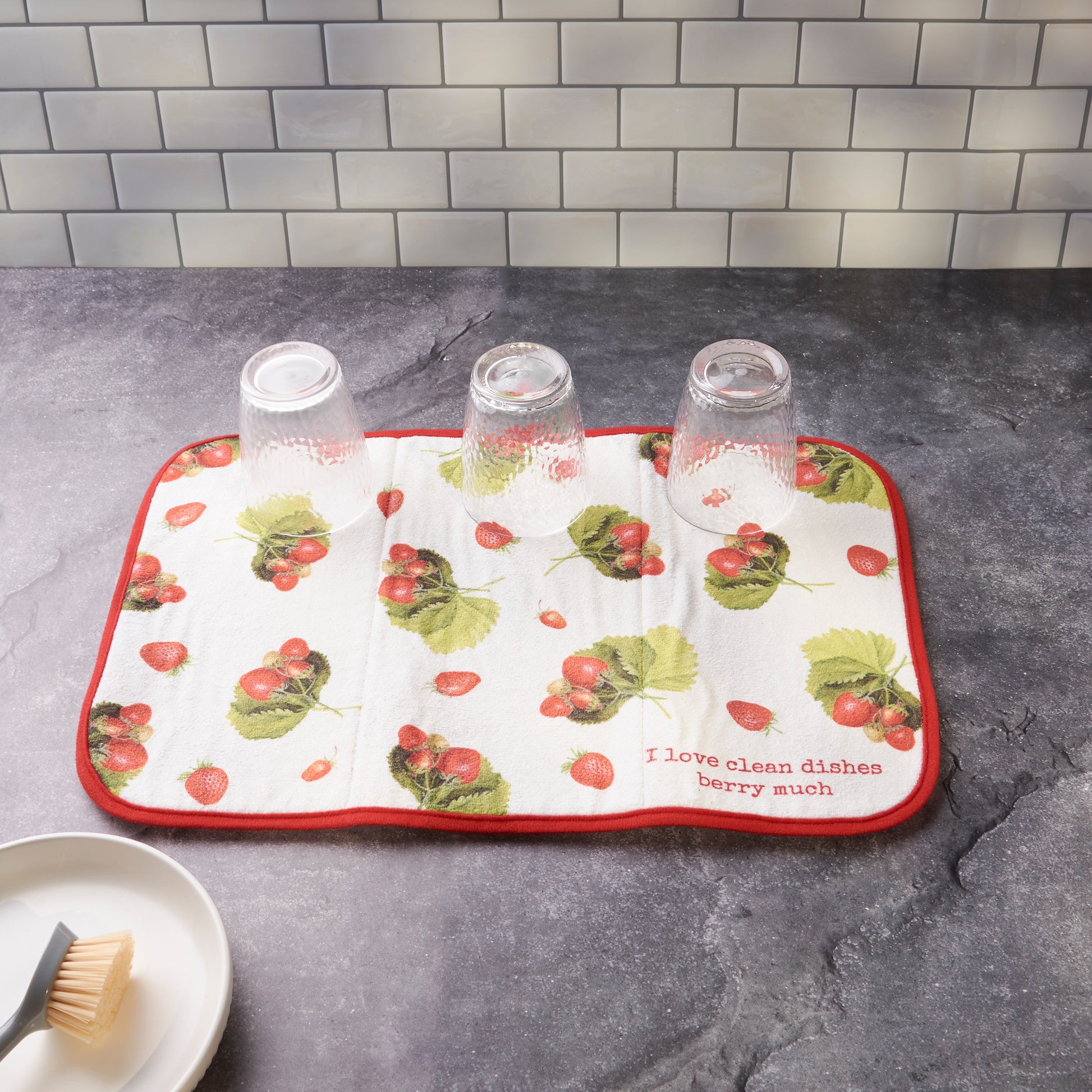 I Love Clean Dishes Berry Much Ultra-absorbent Drying Mat | Vintage Art of Wild Strawberries Dish Drainer Pad | 21" x 14"