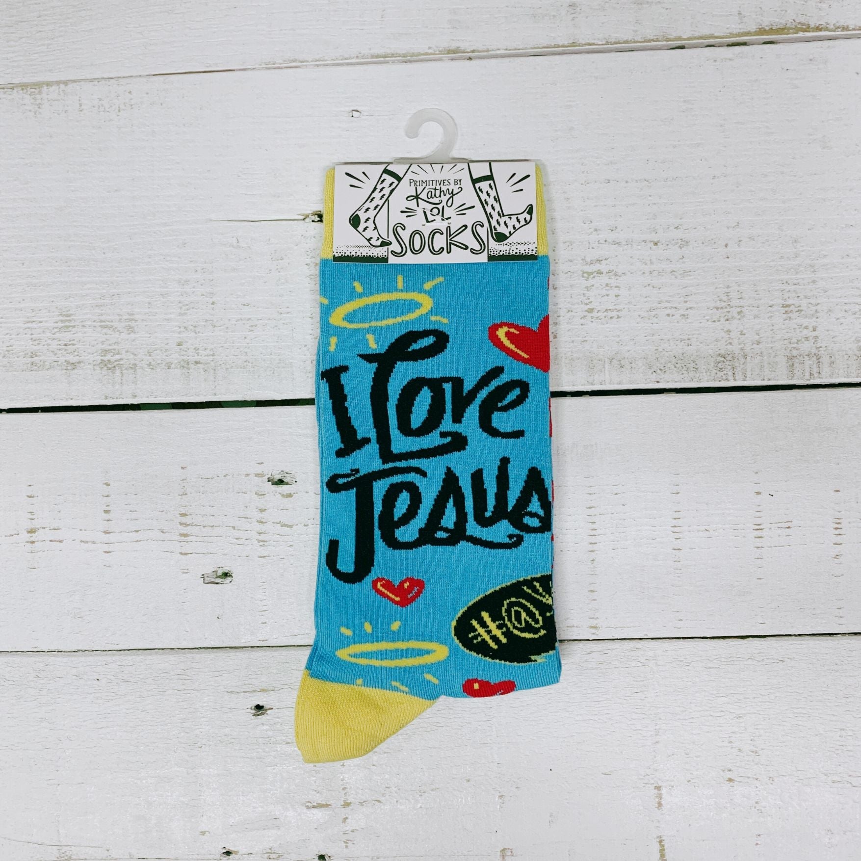 I Love Jesus But I Cuss a Little Crew Socks in Blue and Yellow