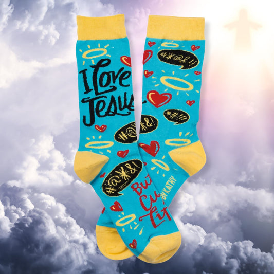 I Love Jesus But I Cuss a Little Crew Socks in Blue and Yellow