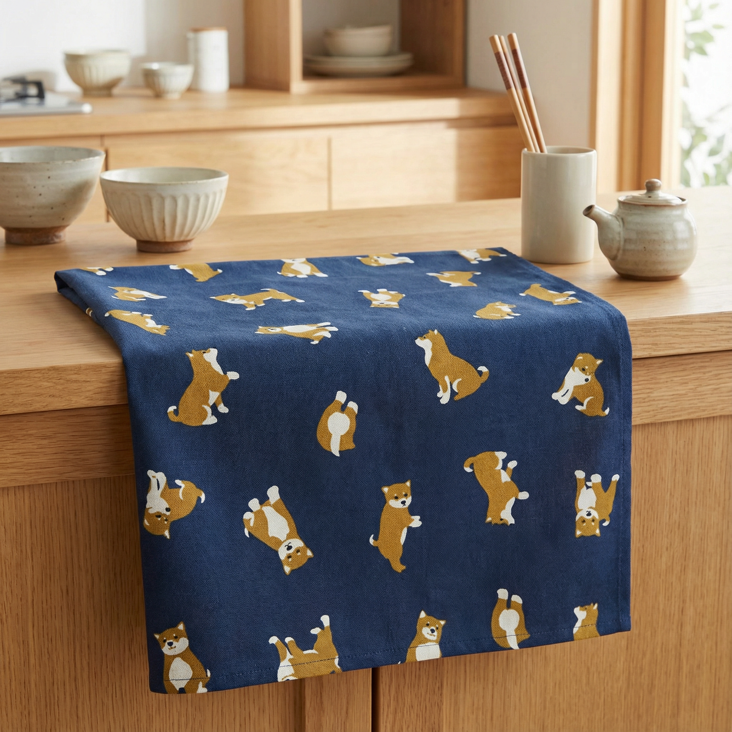 I Love Mameshiba, Con Tenugui Hankie Handkerchief in Blue  | Cute Dog Prints Japanese Hand Cloth | 13.38" x 16.92"