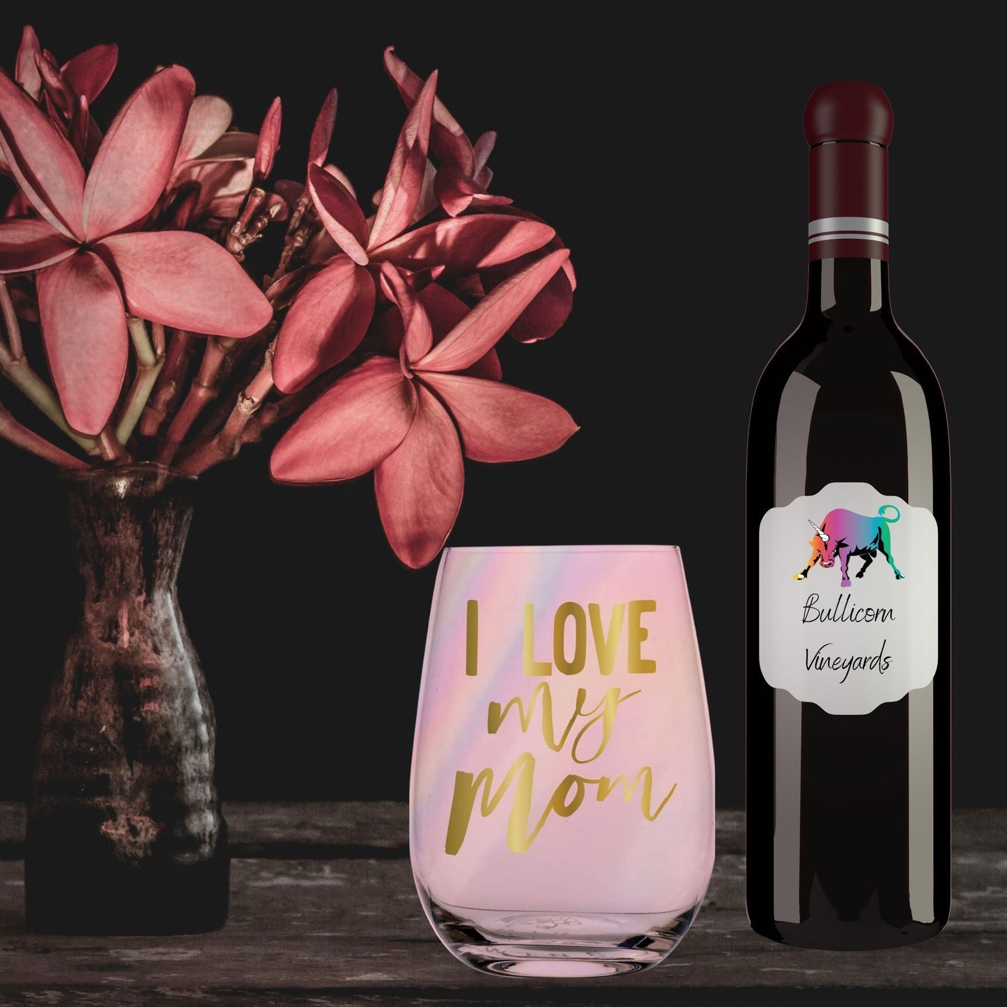 I Love My Mom Stemless Wine Glass in Pink Tinted Glass | 20 oz.