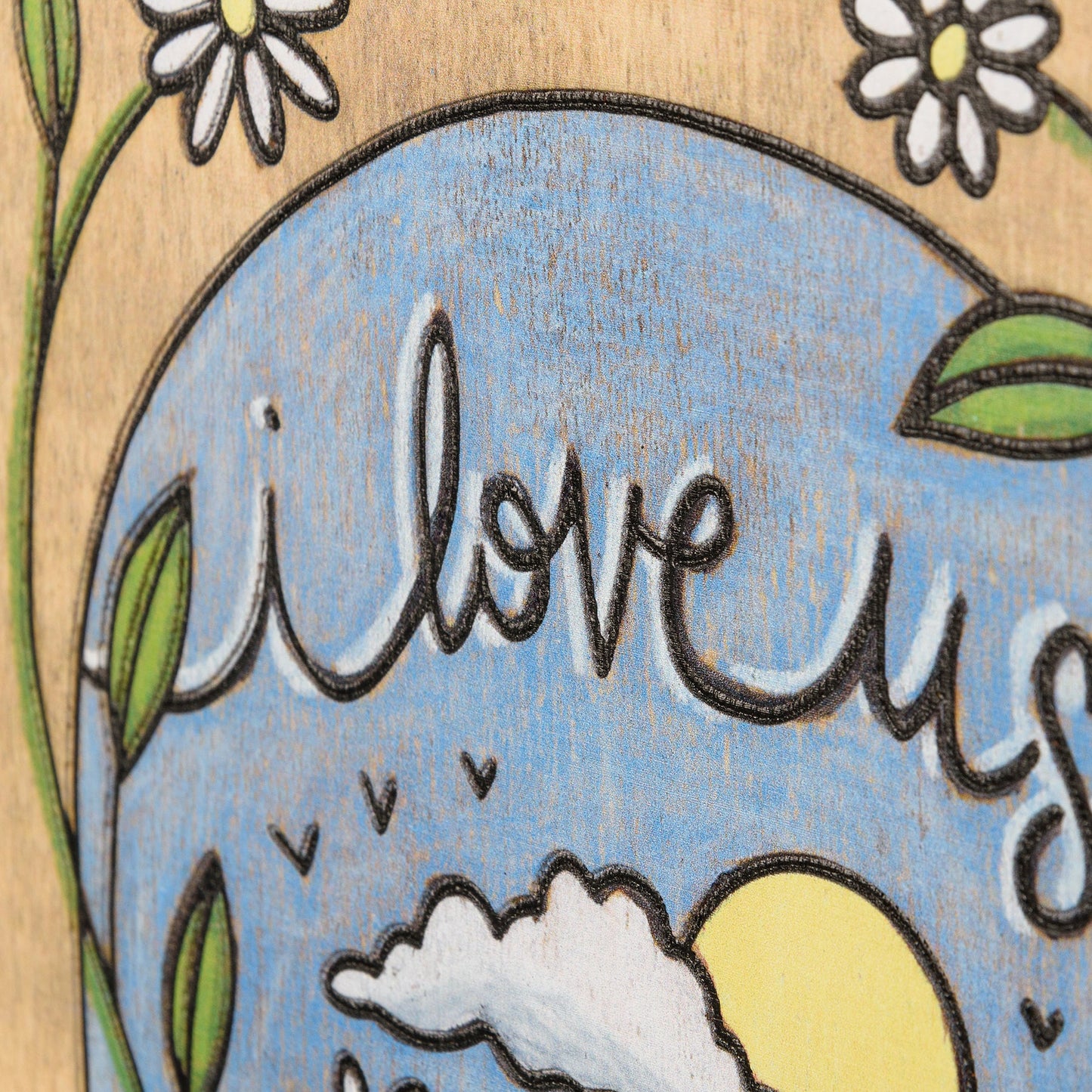 I Love Us Wooden Box Sign | Daisy Flowers Woodburned Designs Display | 8.50" x 9.25"