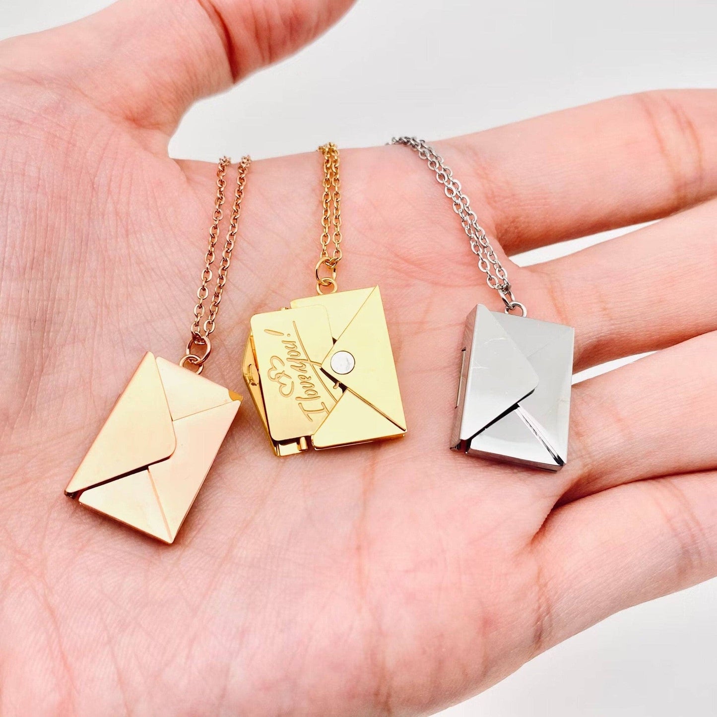 "I Love You" Stainless Steel Openable Envelope Necklace [Color Options: Gold or Rose Gold]