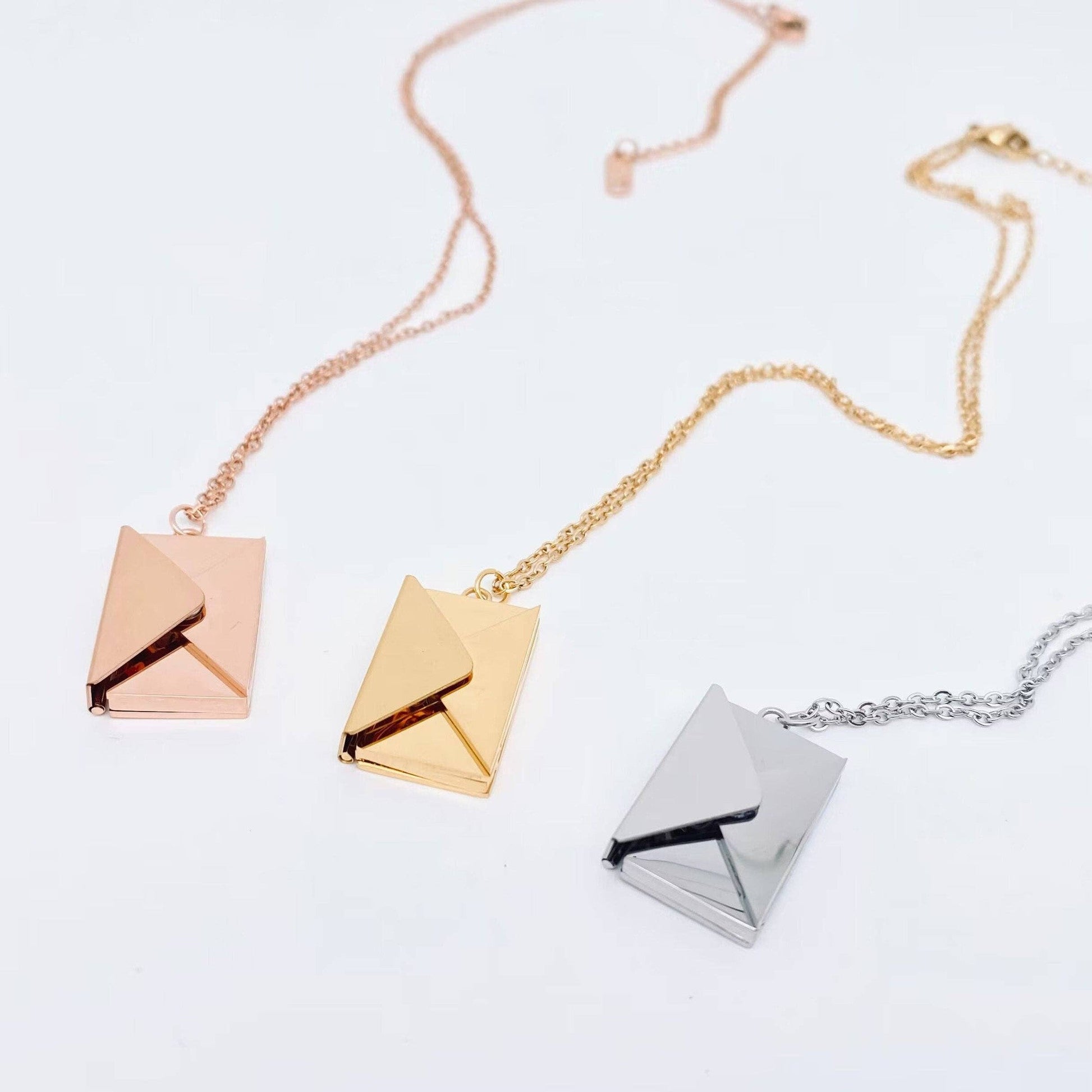 "I Love You" Stainless Steel Openable Envelope Necklace [Color Options: Gold or Rose Gold]