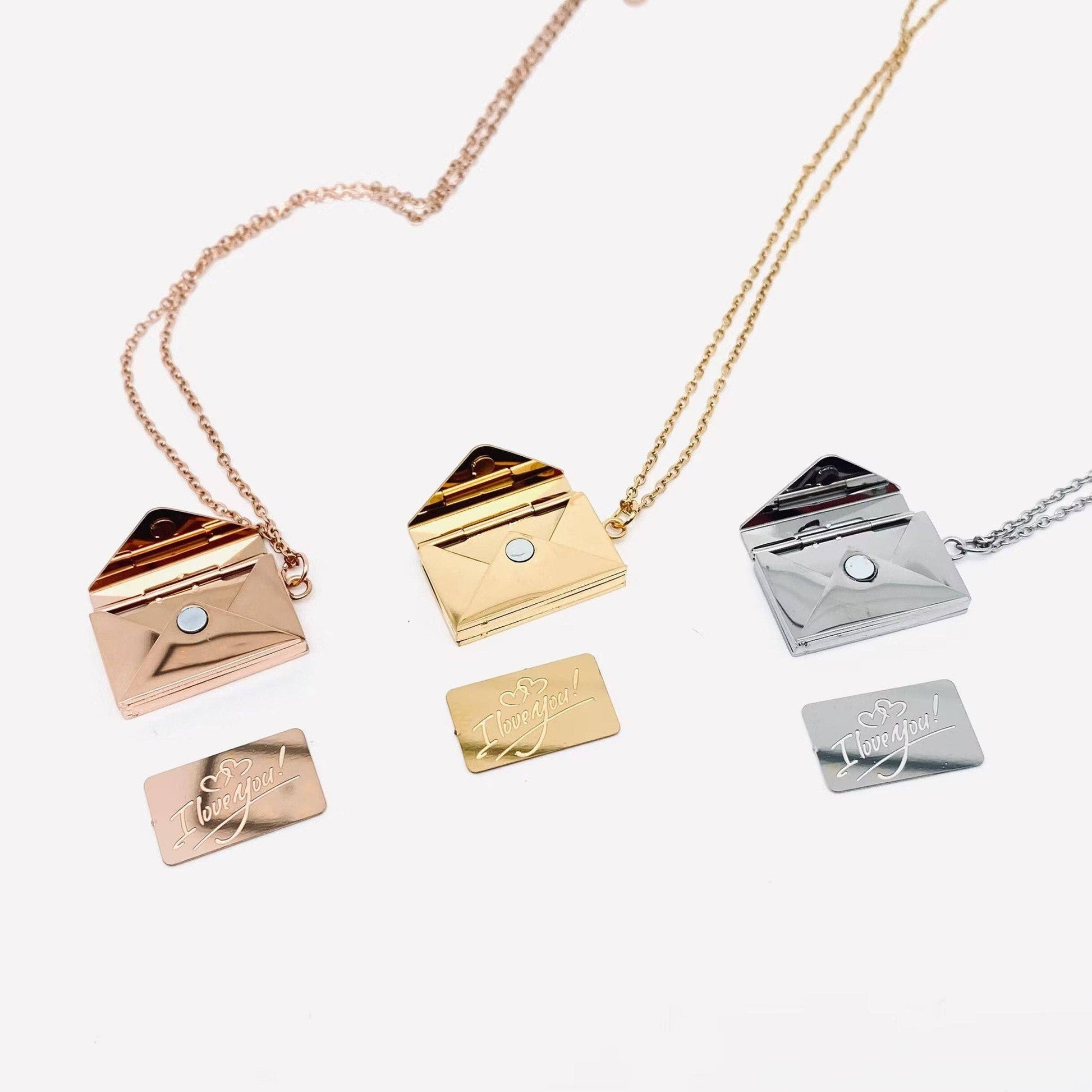 "I Love You" Stainless Steel Openable Envelope Necklace [Color Options: Gold or Rose Gold]