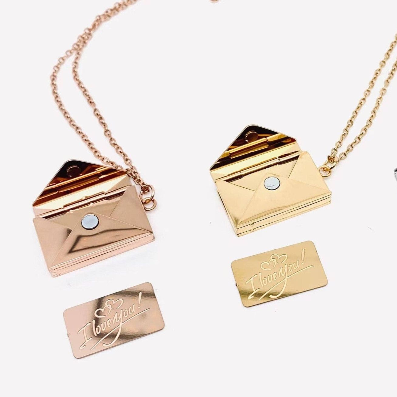 "I Love You" Stainless Steel Openable Envelope Necklace [Color Options: Gold or Rose Gold]