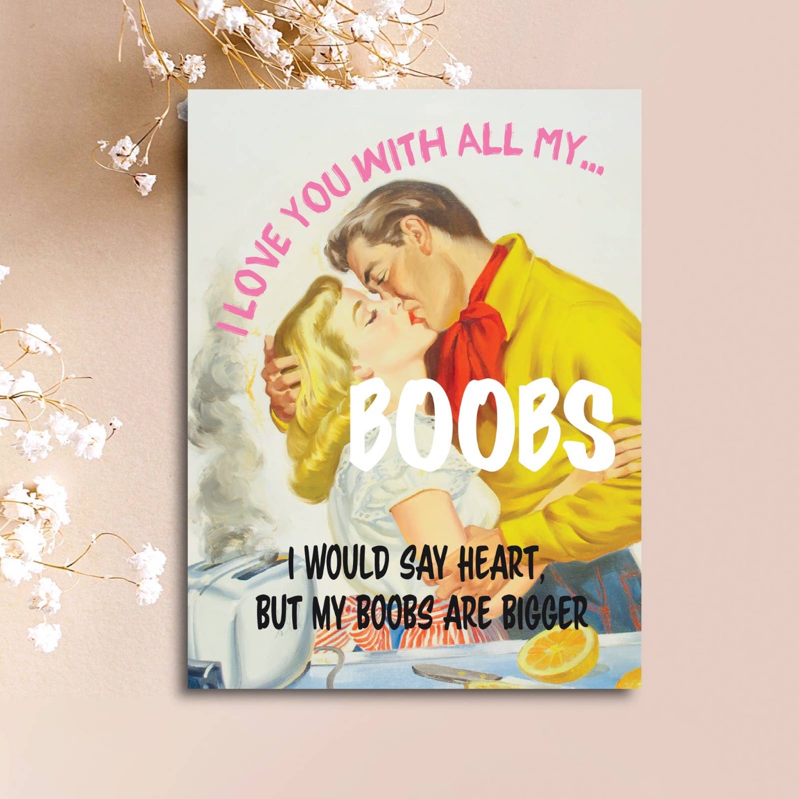 I Love You With All My...BOOBS Couple Kissing Funny Greeting Card | 4.25" x 5.5"