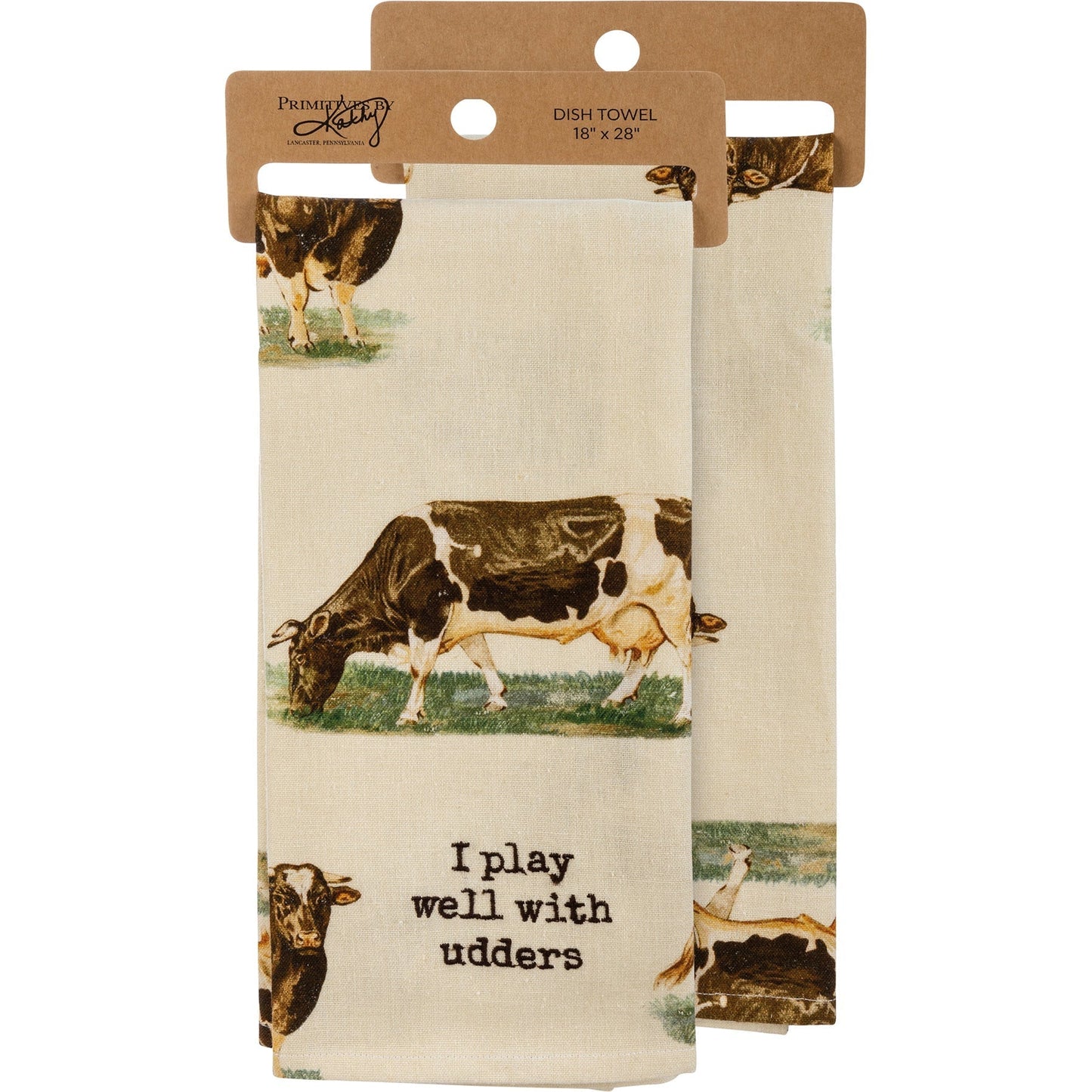 I Play Well With Udders Kitchen Towel | Vintage-inspired Cotten Linen Cow Design Hand Tea Dish Cloth | 18" x 28"