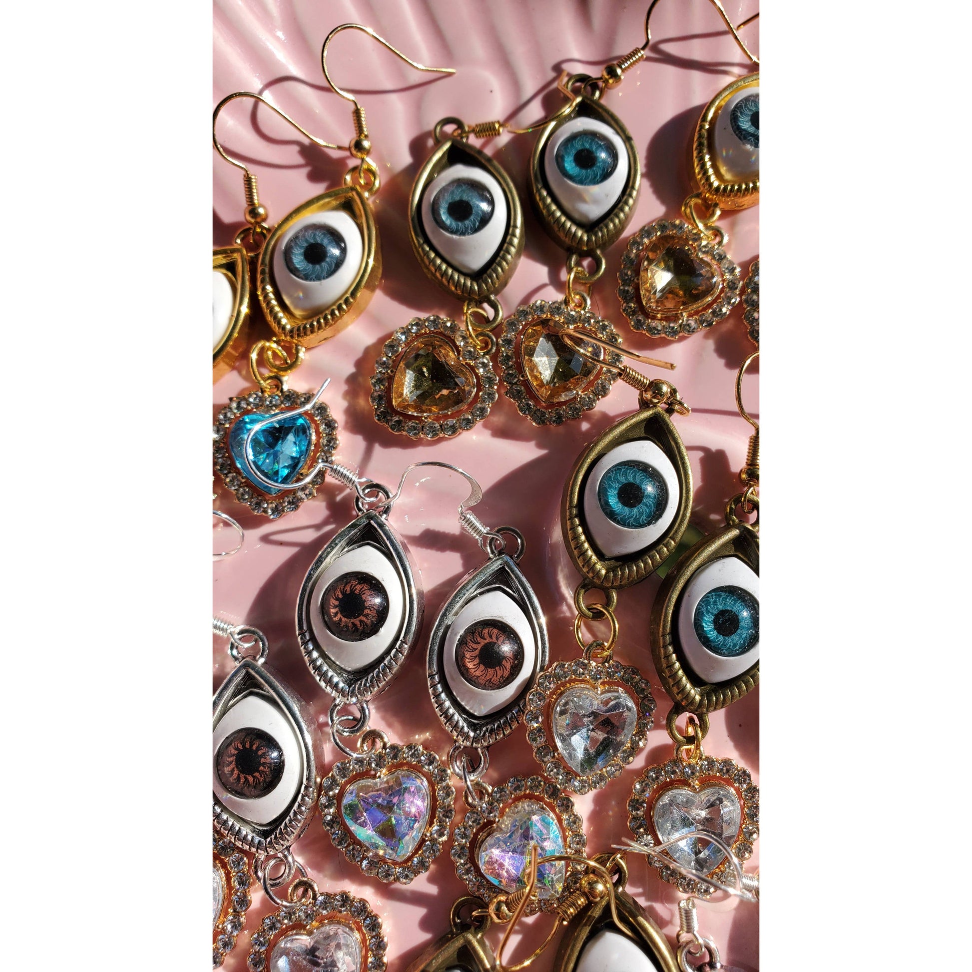 I See You Creepy Realistic Eyeball Earrings with Rhinestone Heart Charm | 2.5" Long