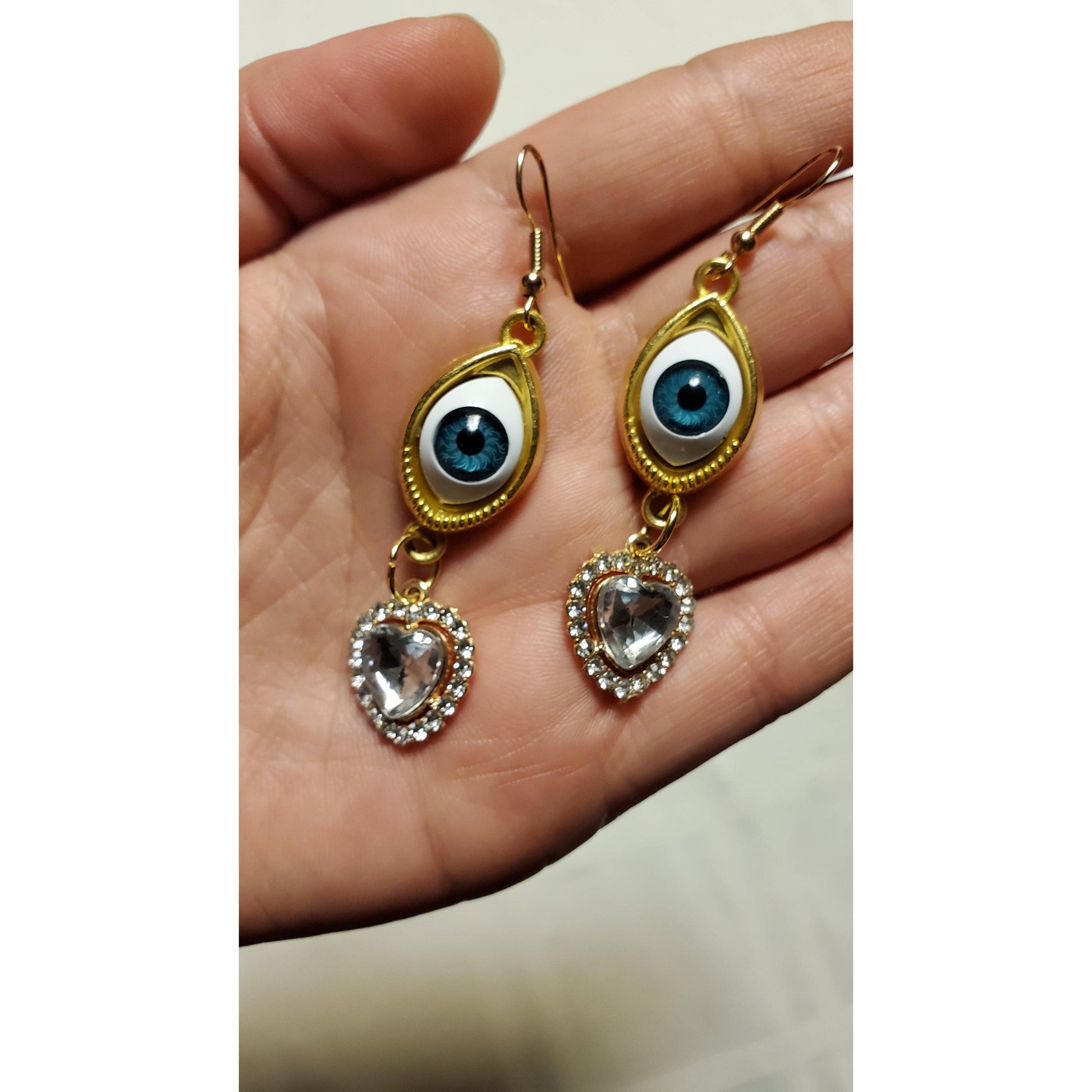 I See You Creepy Realistic Eyeball Earrings with Rhinestone Heart Charm | 2.5" Long