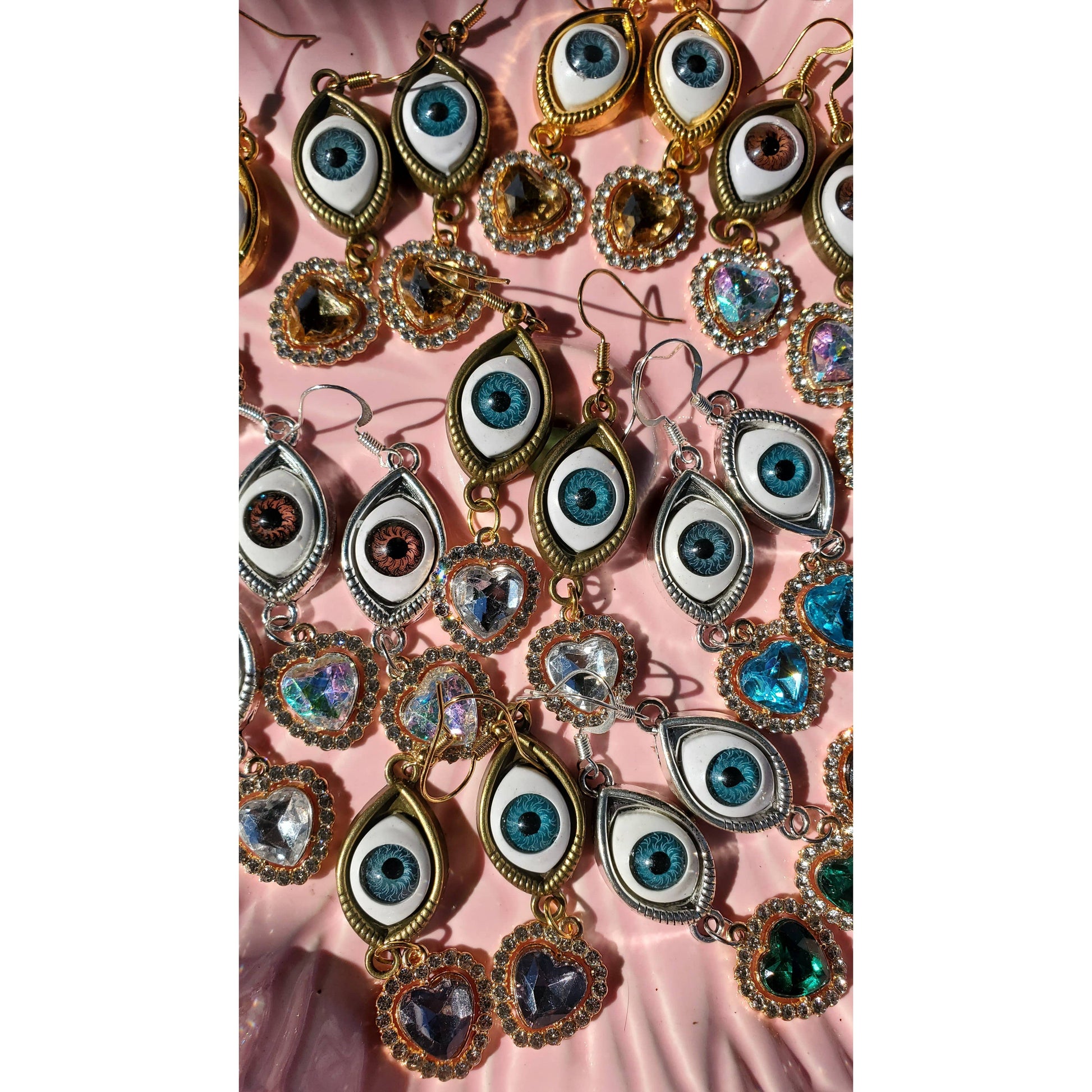 I See You Creepy Realistic Eyeball Earrings with Rhinestone Heart Charm | 2.5" Long