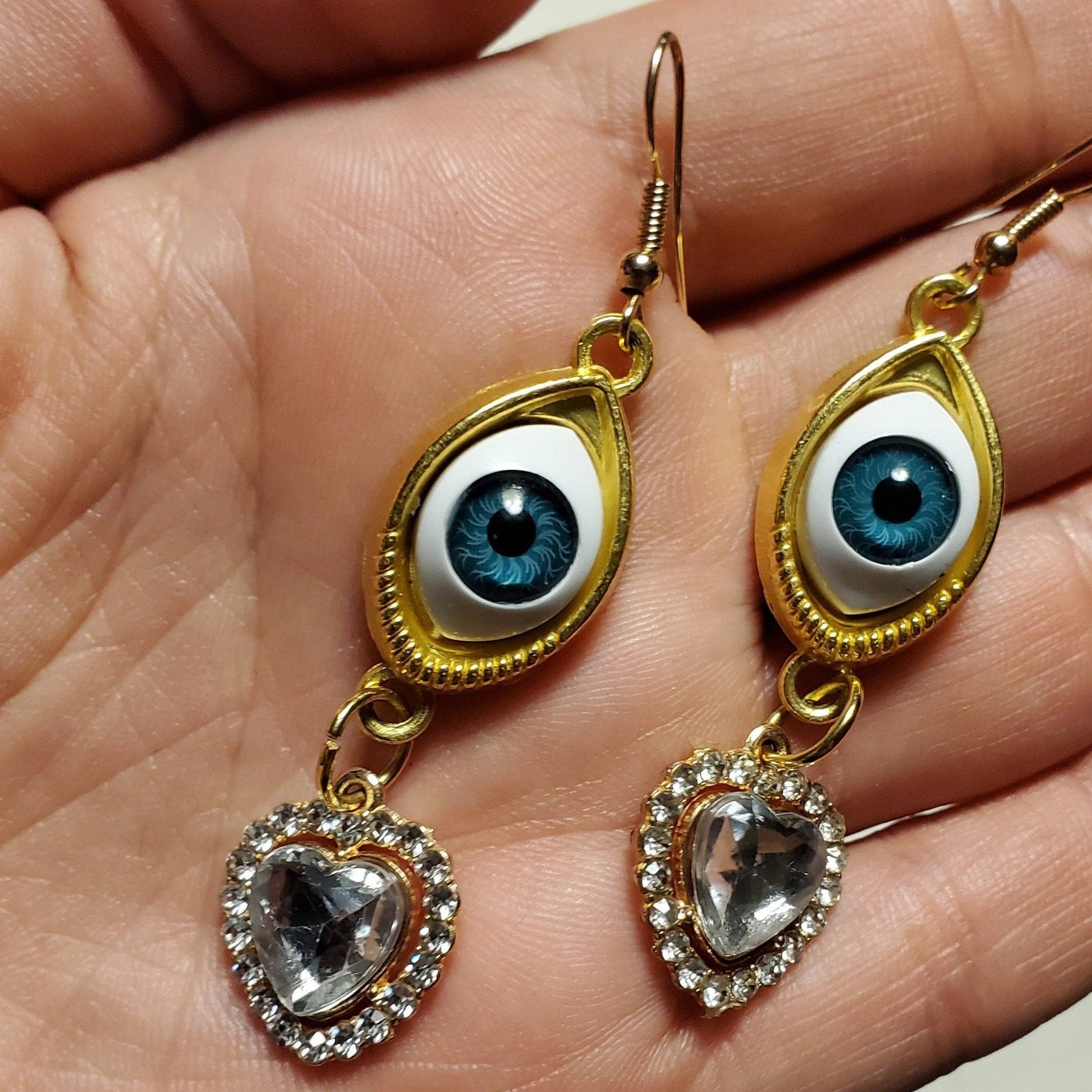 I See You Creepy Realistic Eyeball Earrings with Rhinestone Heart Charm | 2.5" Long