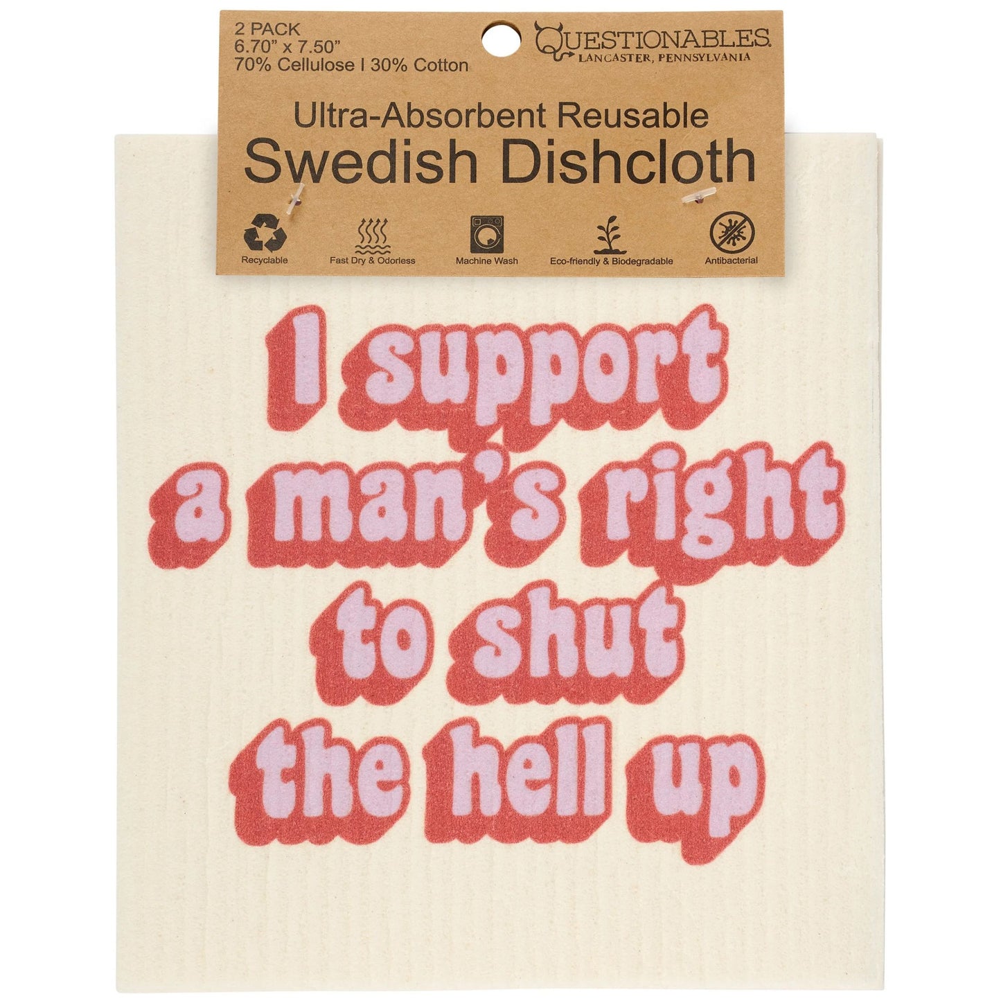 Swedish dishcloth with text and packaging labeled 'Questionables'.