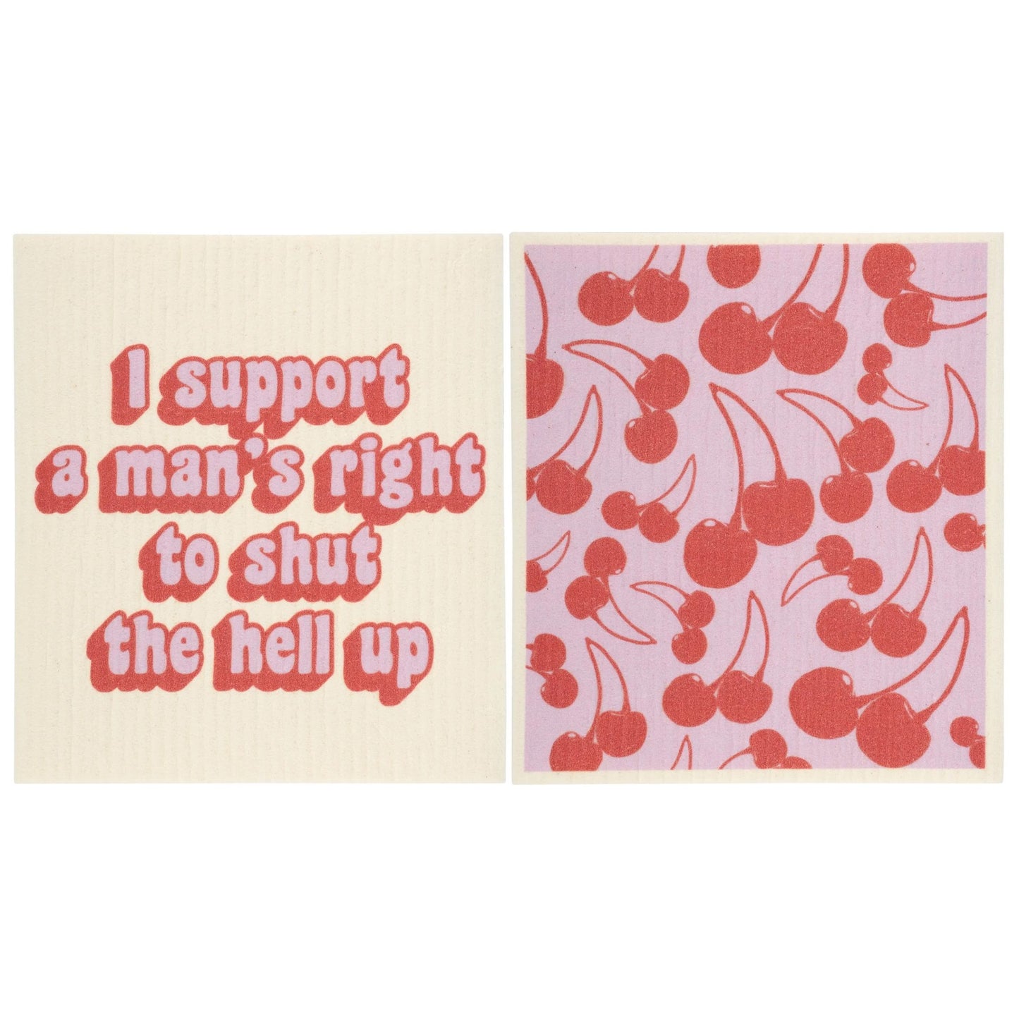 Two dish cloths: one with text and one with cherry pattern