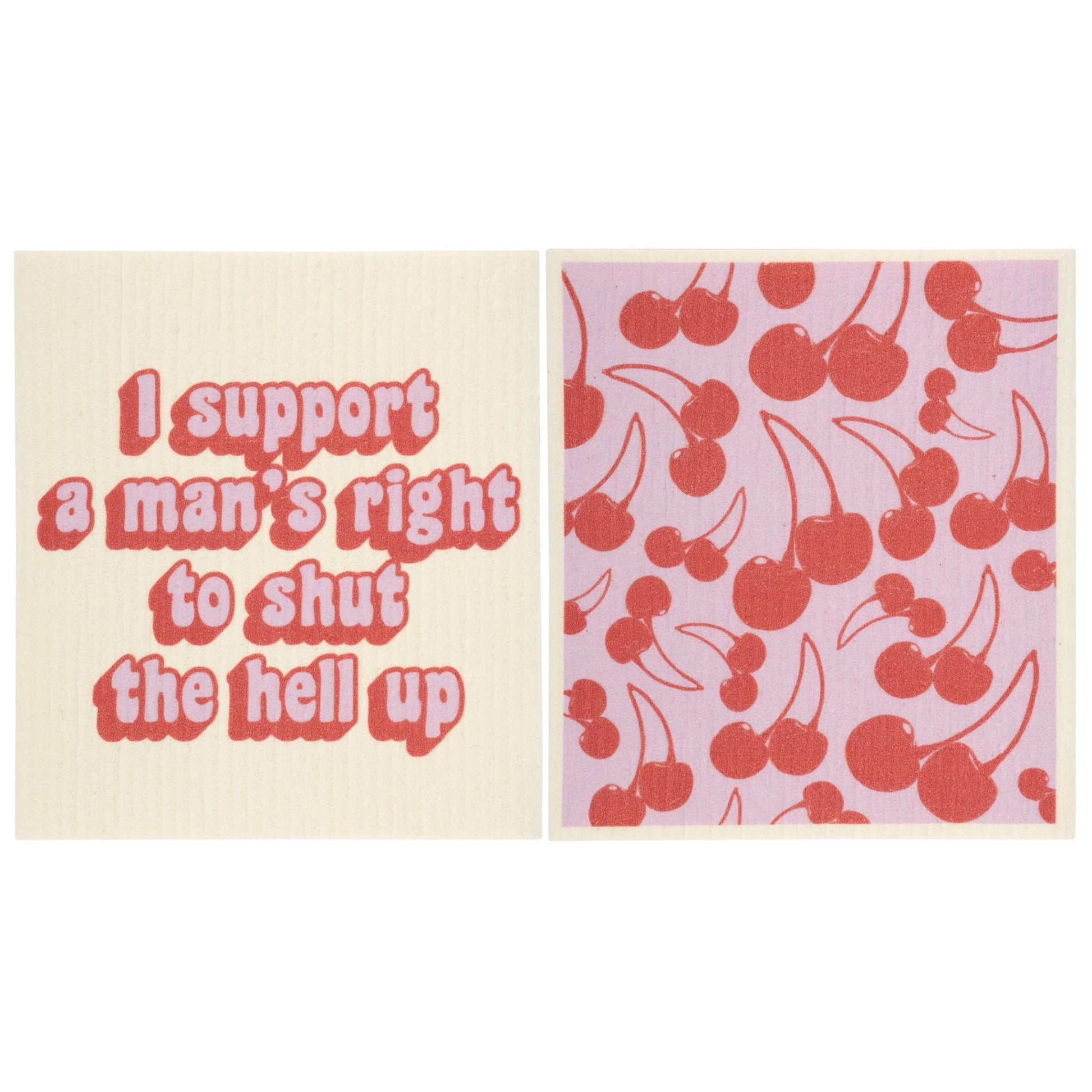 Two dish cloths: one with text and one with cherry pattern