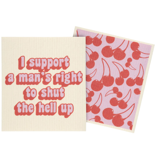 Two dishcloths, one with text and one with cherry pattern
