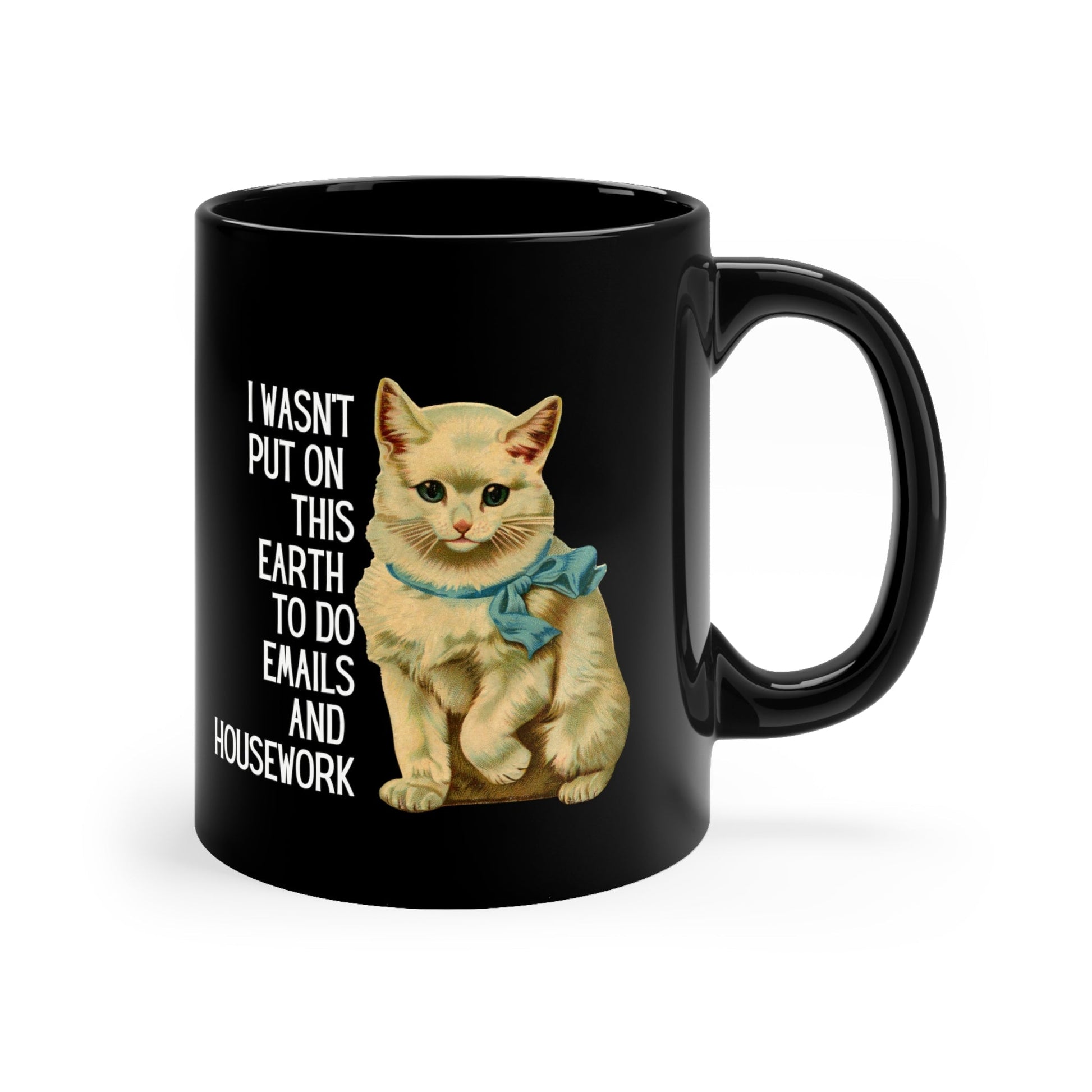 I Wasn't Put On This Earth To do Emails And Housework Black Kitten Mug