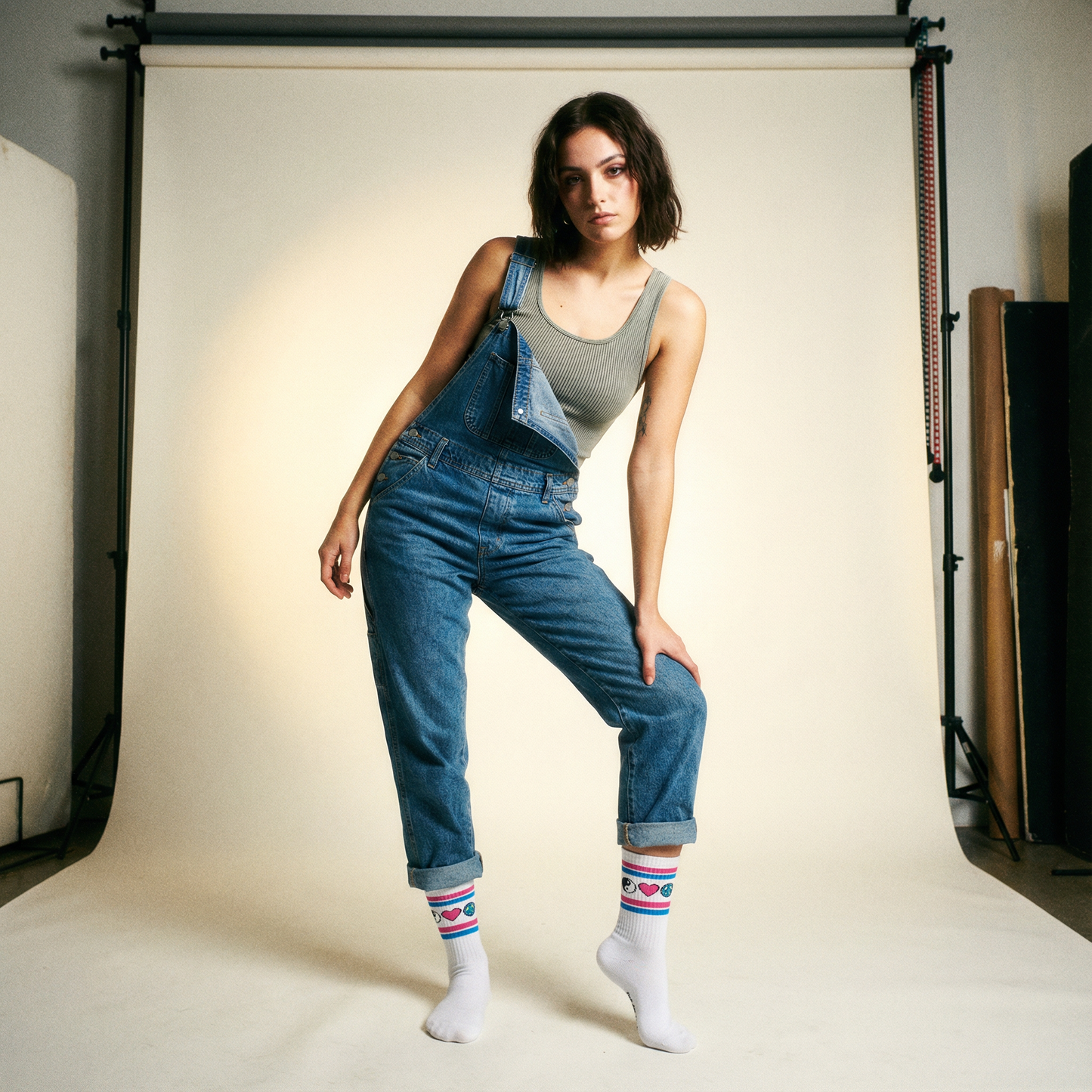 Iconic Y2K Symbols White Classic Crew Socks with Ribbed Tubing | Seamless Toe Seam Novelty Socks