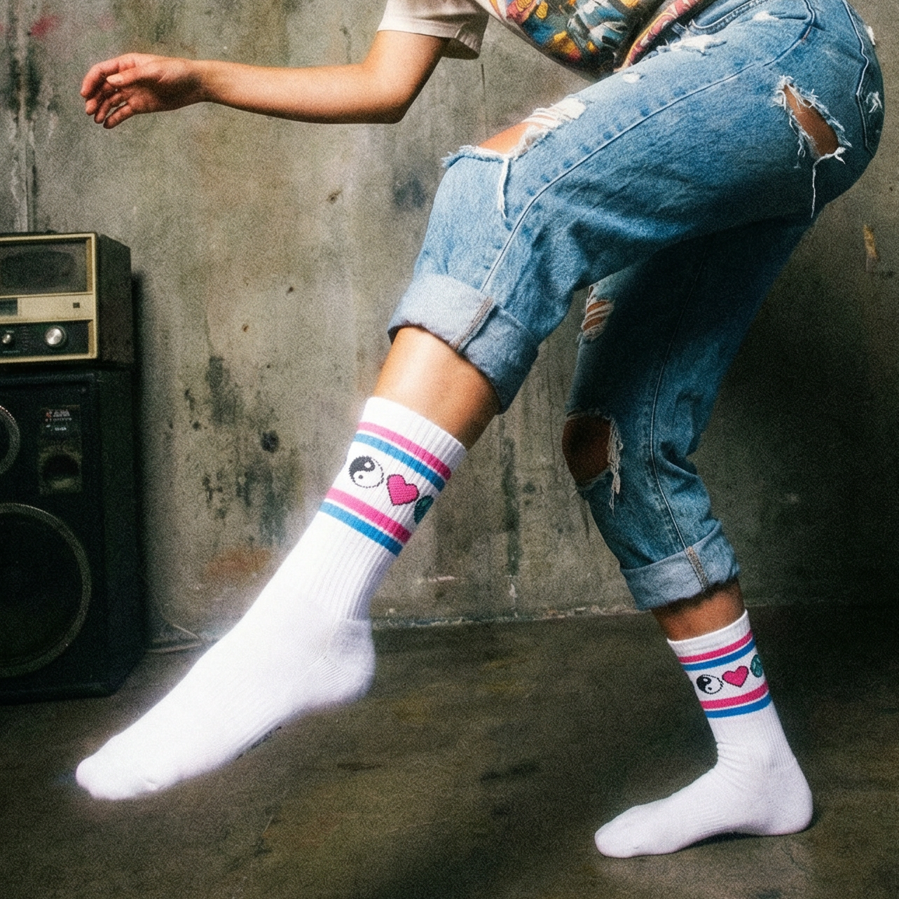 Iconic Y2K Symbols White Classic Crew Socks with Ribbed Tubing | Seamless Toe Seam Novelty Socks