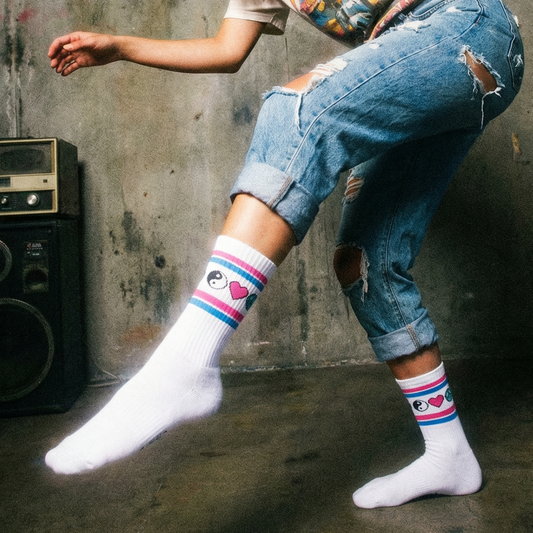 Iconic Y2K Symbols White Classic Crew Socks with Ribbed Tubing | Seamless Toe Seam Novelty Socks