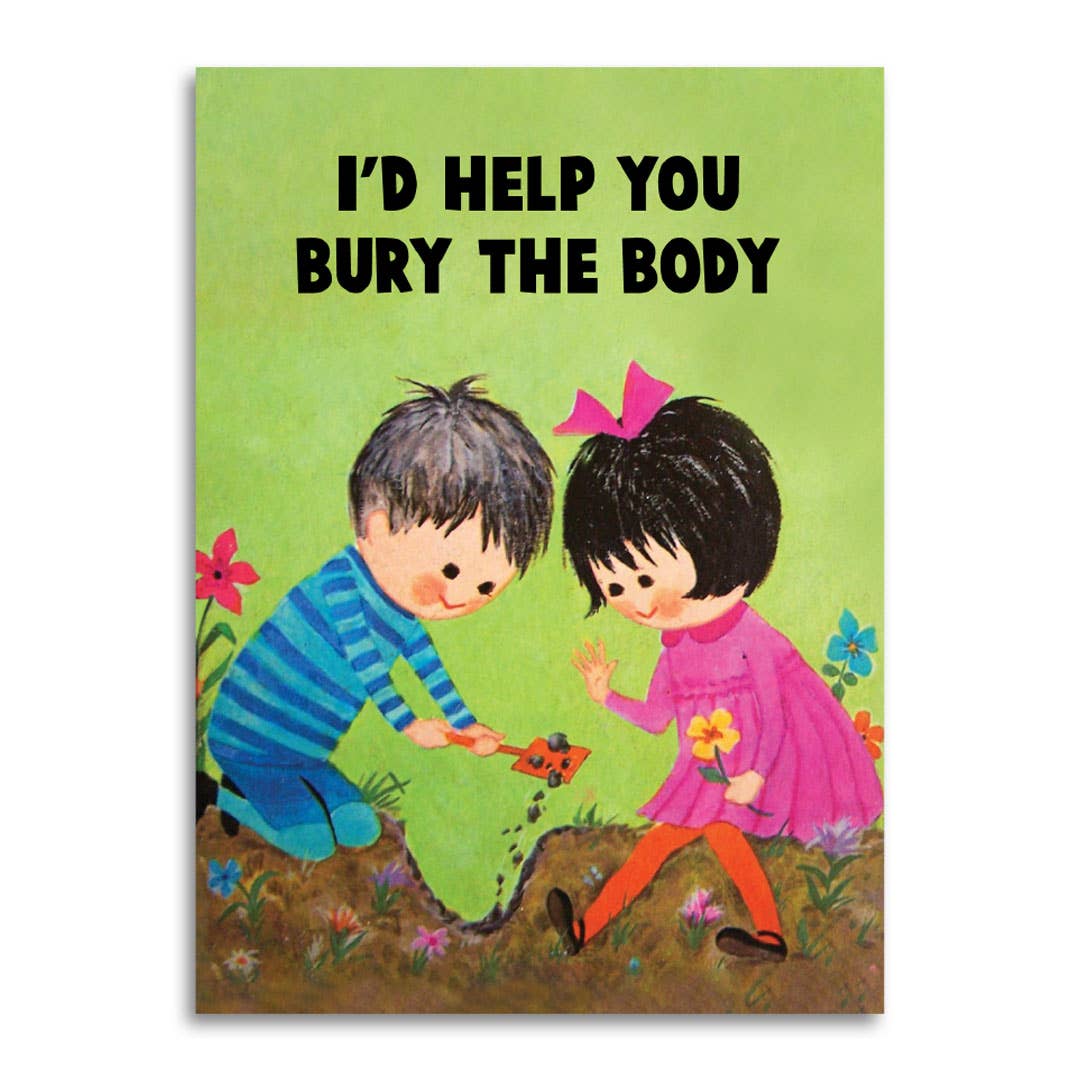 Illustration of two children burying a body with text on a green background