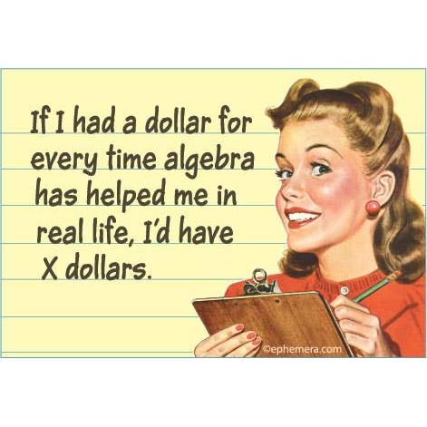 A retro-style illustrated magnet with lined paper background, a smiling woman with styled hair holding a clipboard and pencil, and the text: 'If I had a dollar for every time algebra has helped me in real life, I'd have X dollars.'.