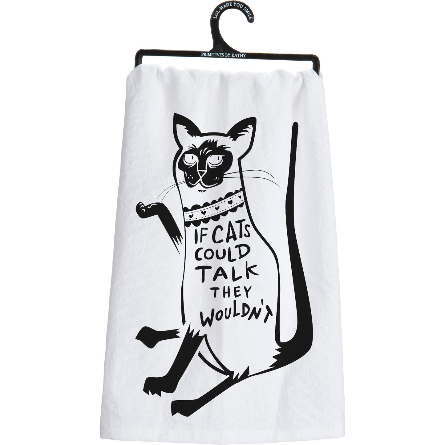 White towel with black cat illustration and text on a hanger