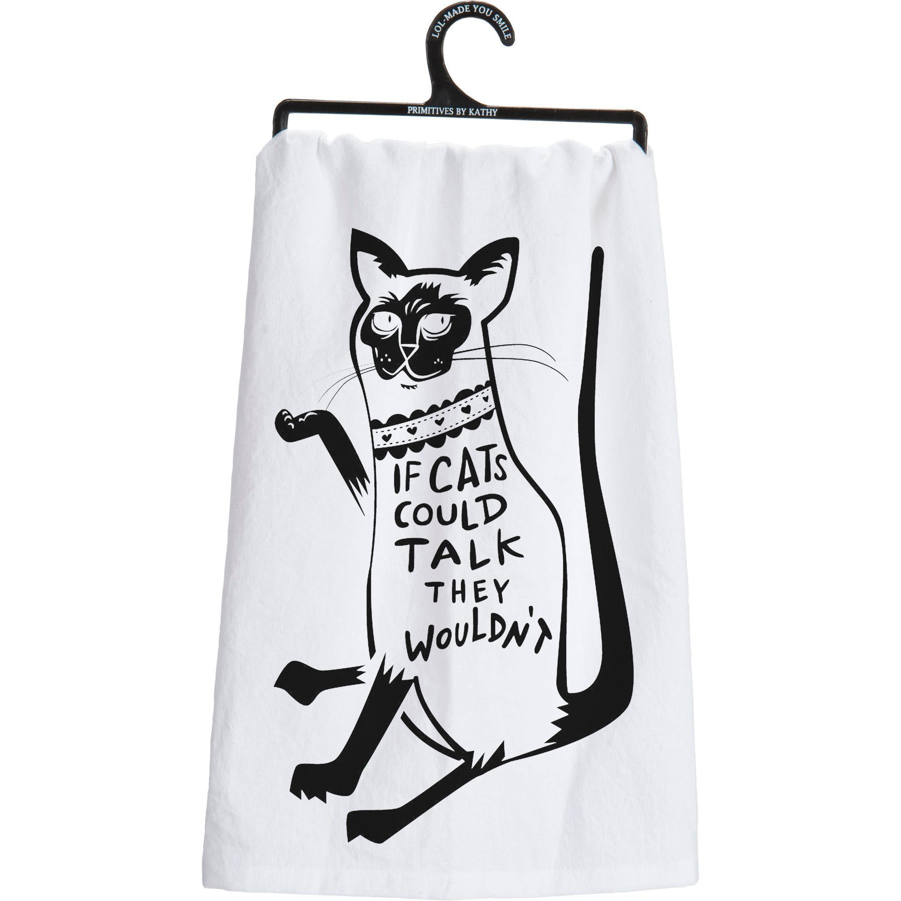White towel with black cat illustration and text on a hanger