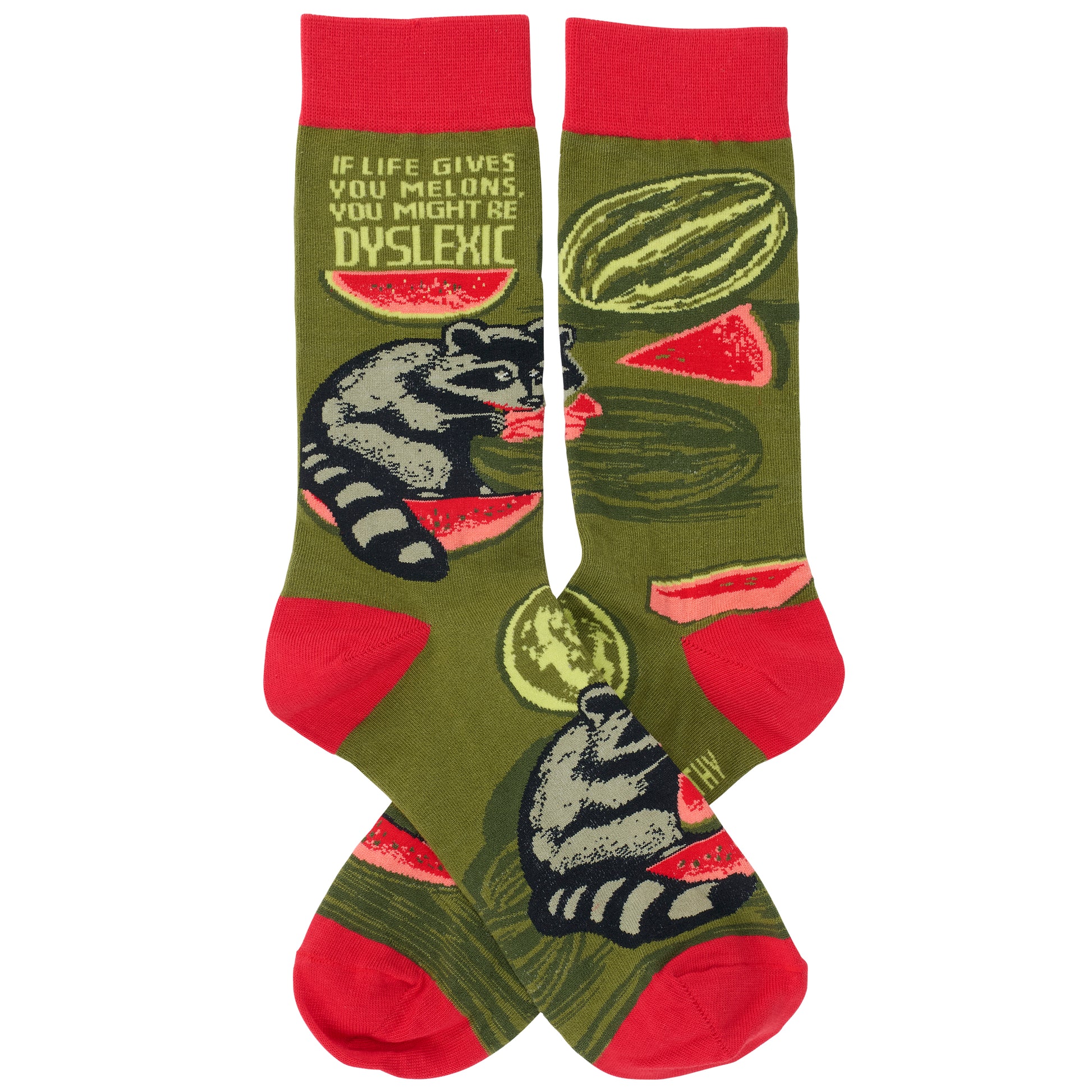 Socks with raccoon and watermelon design on a white background