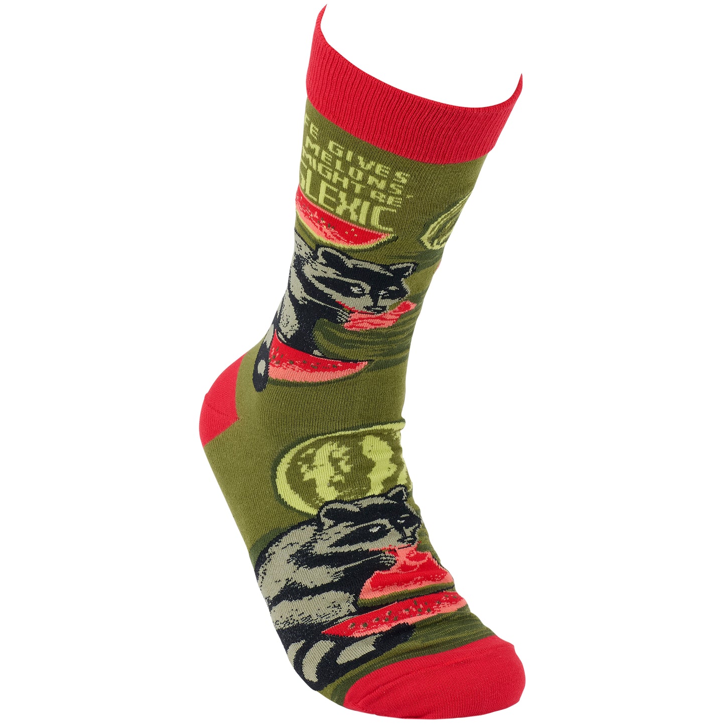 Sock with raccoon and watermelon design on a white background