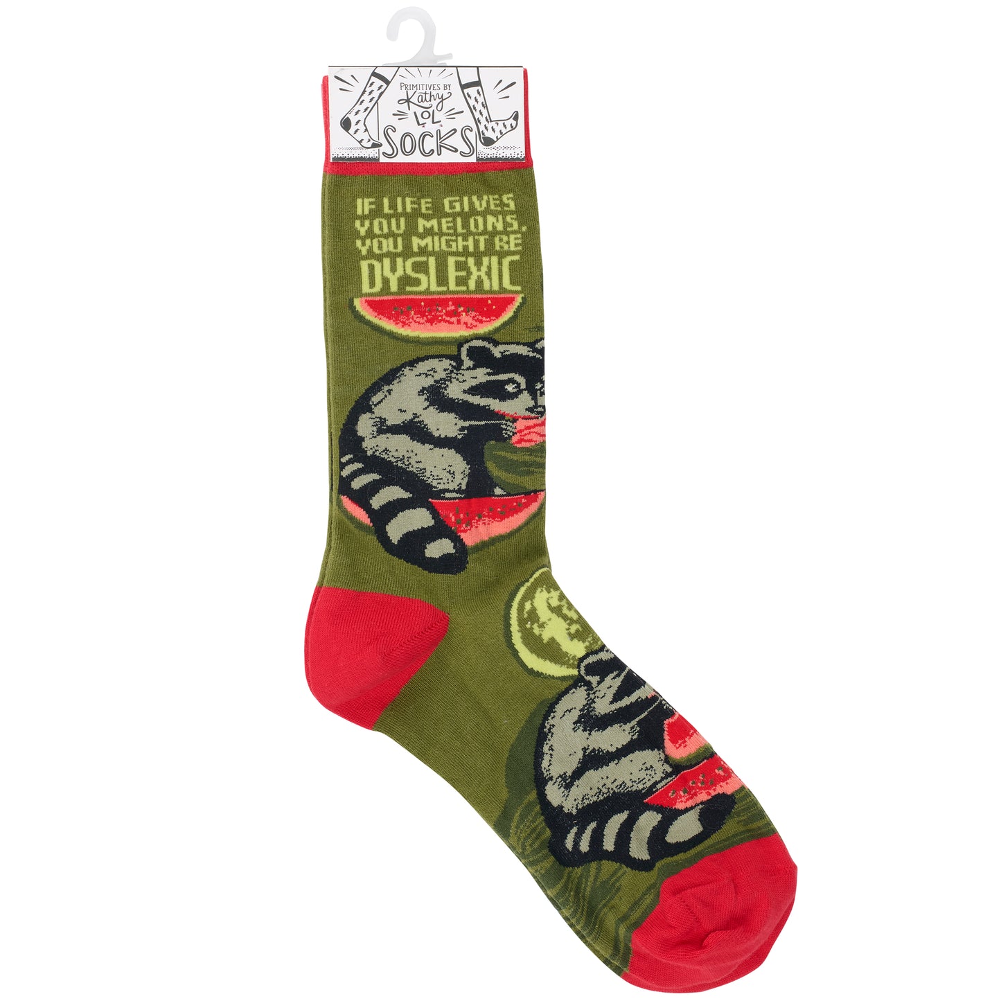 Sock with raccoon design and humorous text on a white background