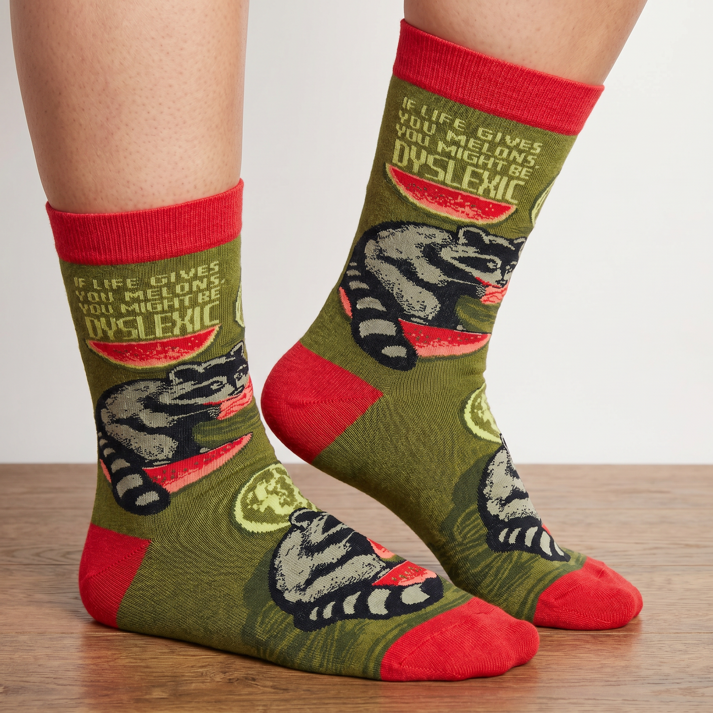 If Life Gives You Melons You Might Be Dyslexic Funny Socks | Raccoon Watermelon Gift Socks