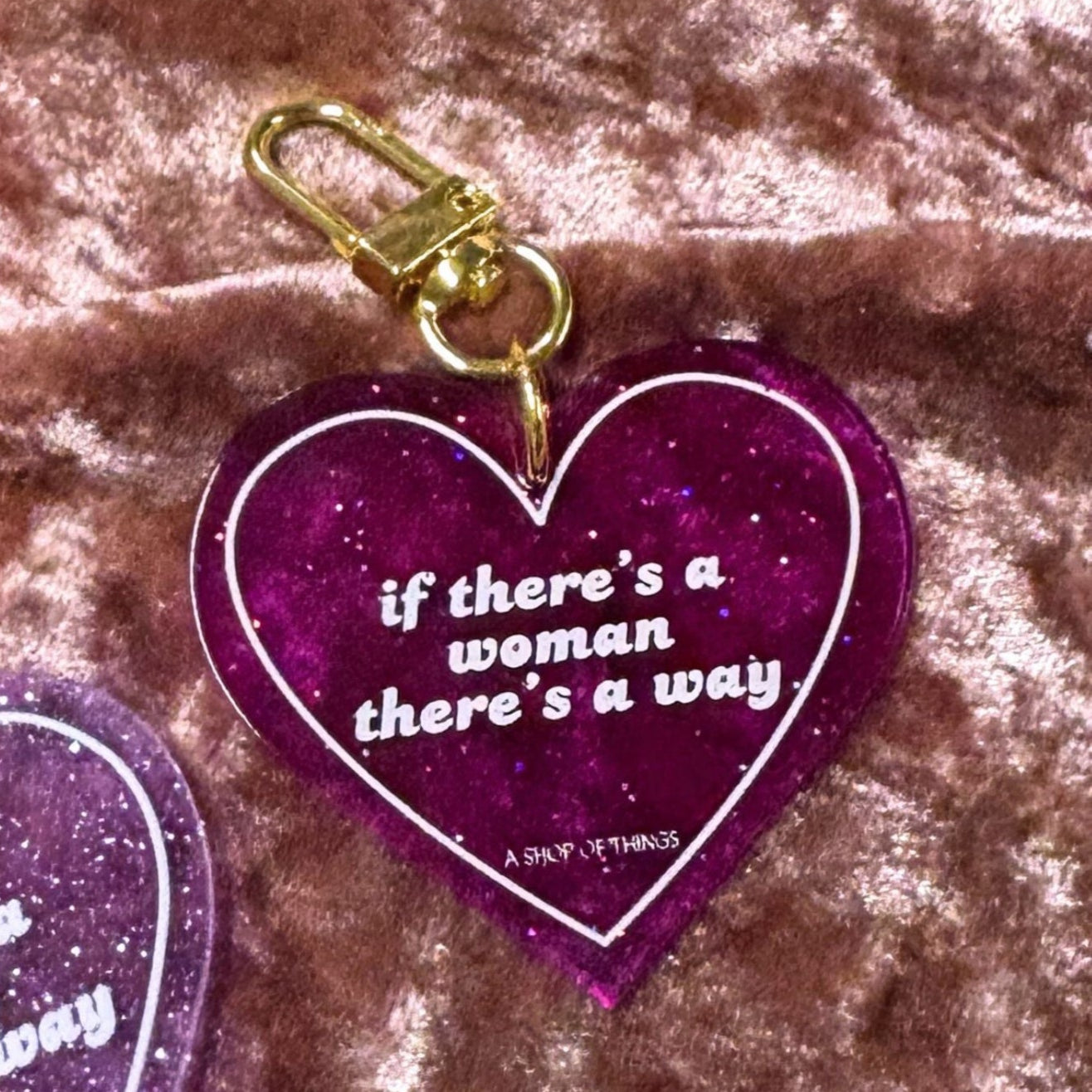 If There's A Woman There's A Way Heart Shaped Keychain in Dark Pink Translucent Glitter