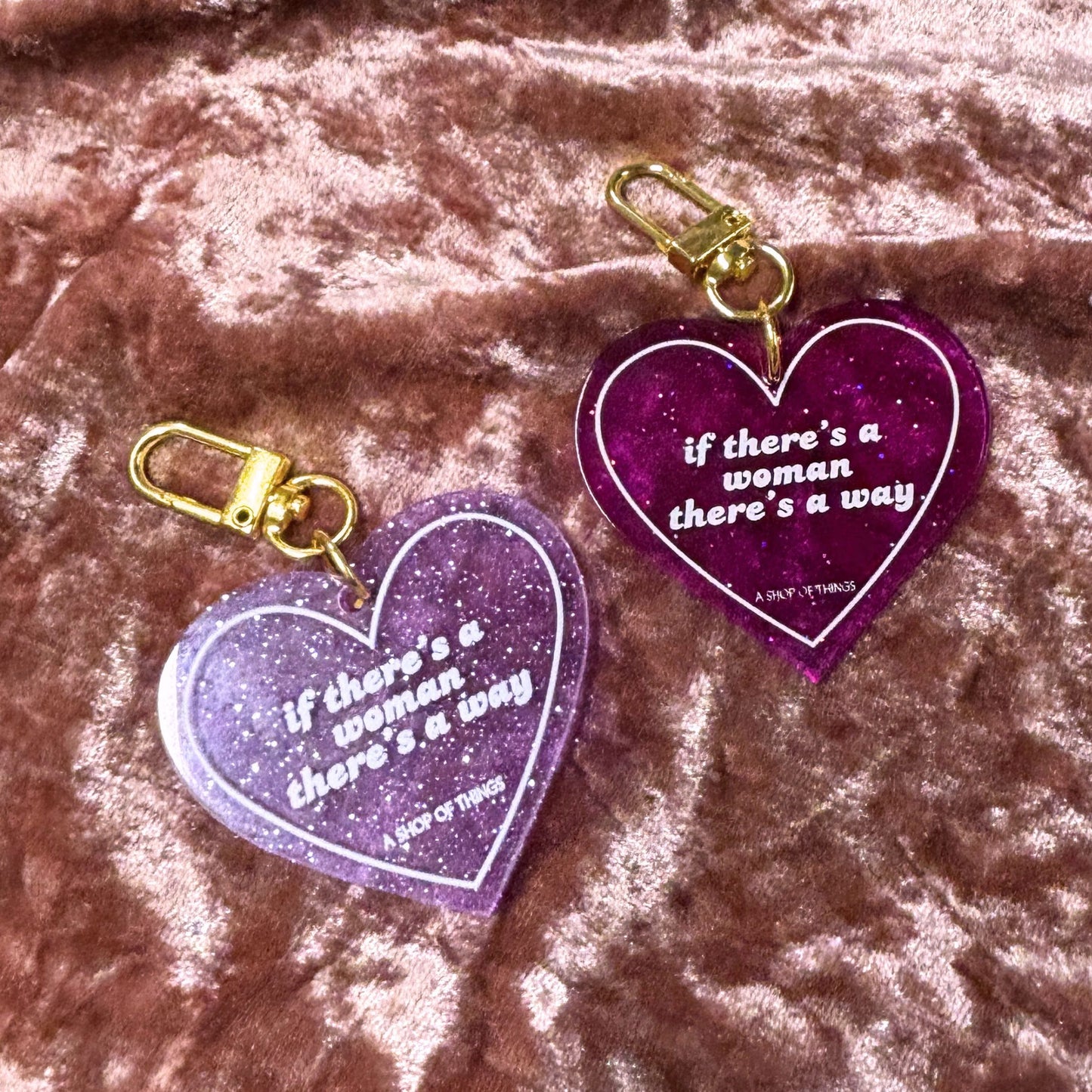 If There's A Woman There's A Way Heart Shaped Keychain in Dark Pink Translucent Glitter