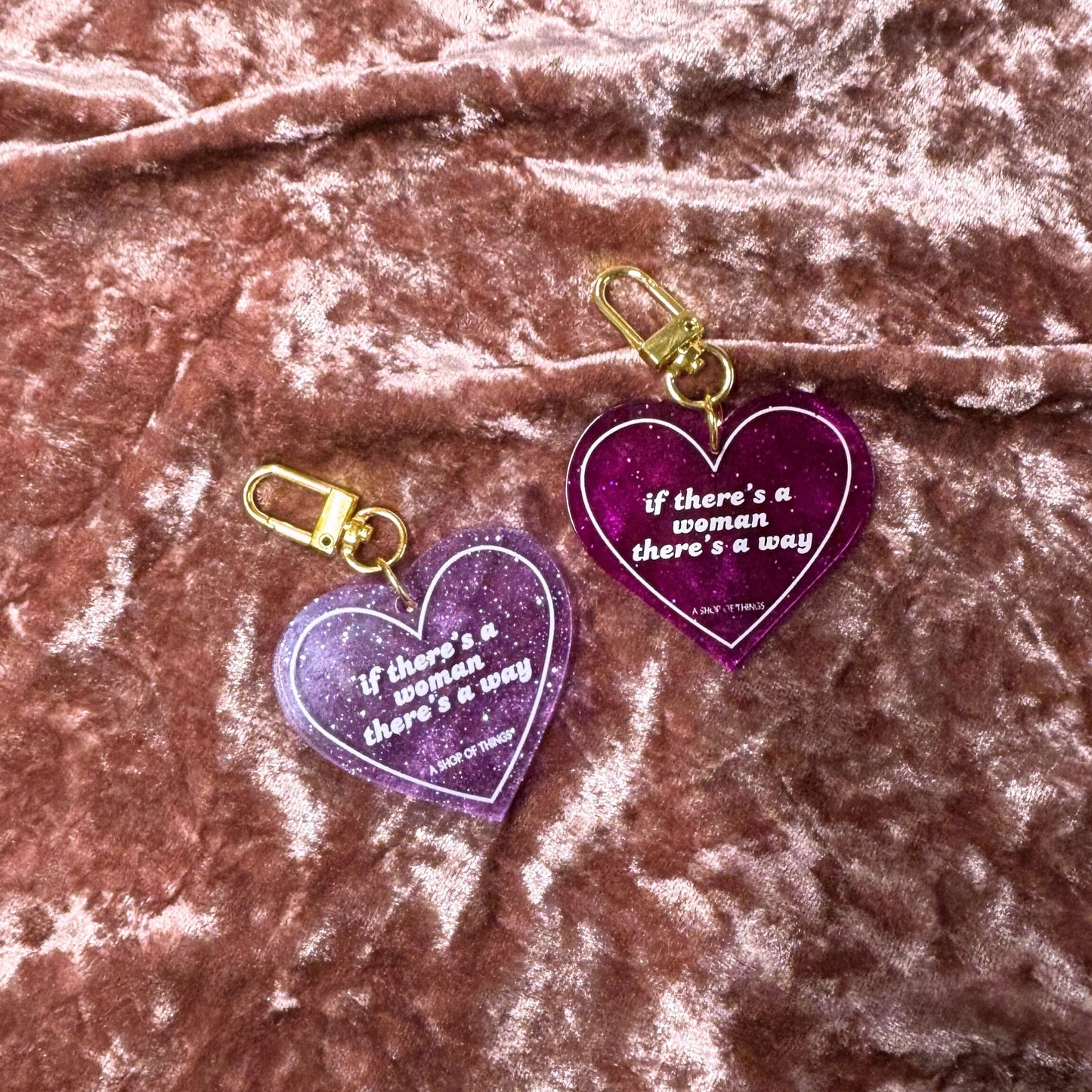 If There's A Woman There's A Way Heart Shaped Keychain in Dark Pink Translucent Glitter