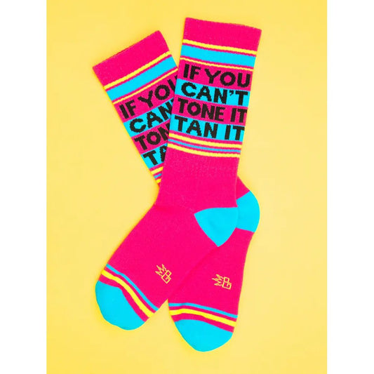 If You Can't Tone It, Tan It Gym Crew Socks | Deep Pink Cotton Socks | Unisex