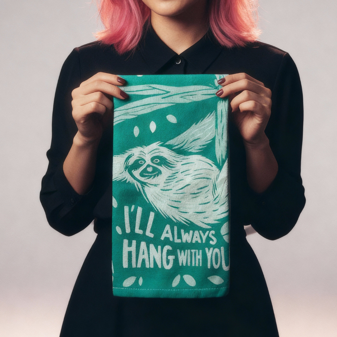 Person holding a teal towel with a sloth design and text against a plain background