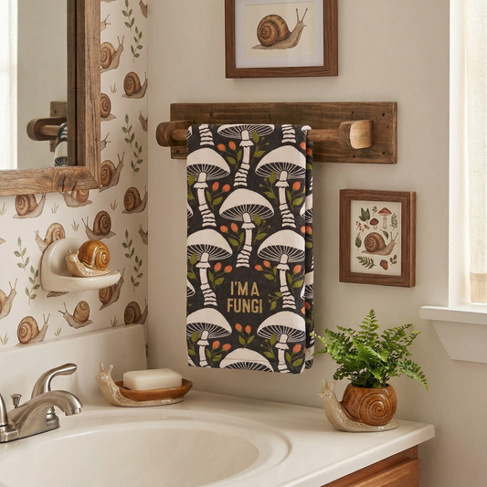 I'm A Fungi Kitchen Towel | Mushroom Pattern Cotton Hand Tea Dish Cloth | 16" x 26"