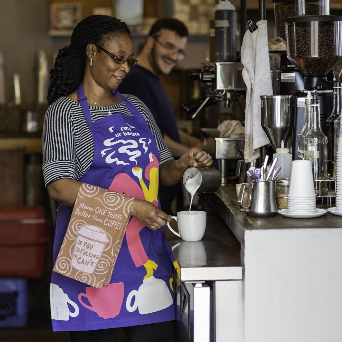 I'm A Lil' Barista Funny Cooking and Coffeemaking Apron Unisex 2 Pockets Adjustable Strap 100% Cotton | BlueQ at GetBullish