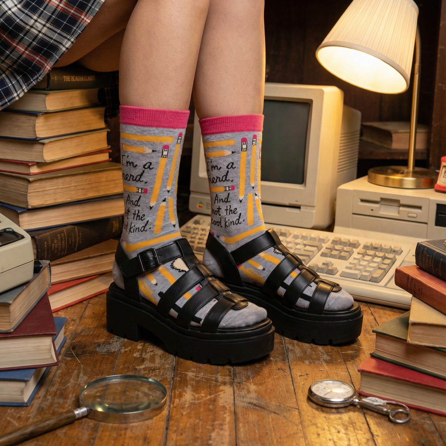I'm A Nerd and Not the Cool Kind Women's Crew Socks in Heather Gray and Pink | BlueQ at GetBullish
