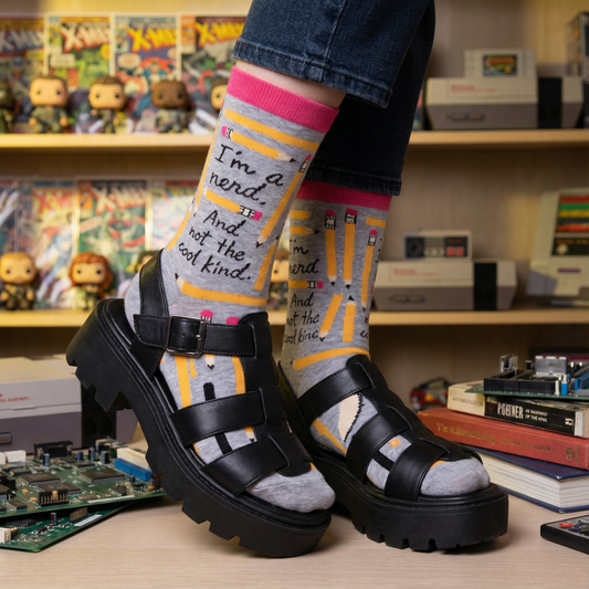 I'm A Nerd and Not the Cool Kind Women's Crew Socks in Heather Gray and Pink | BlueQ at GetBullish