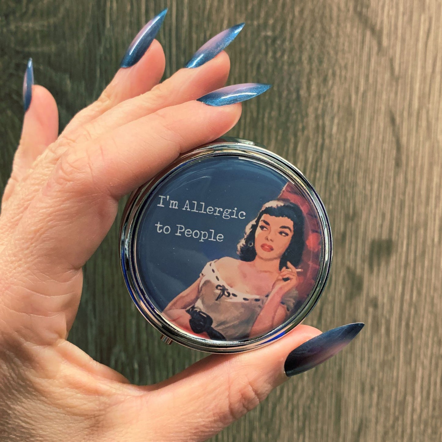 I'm Allergic To People Pill Box | Handmade 2.25" Round Pill Case | Retro Introverts Social Anxiety